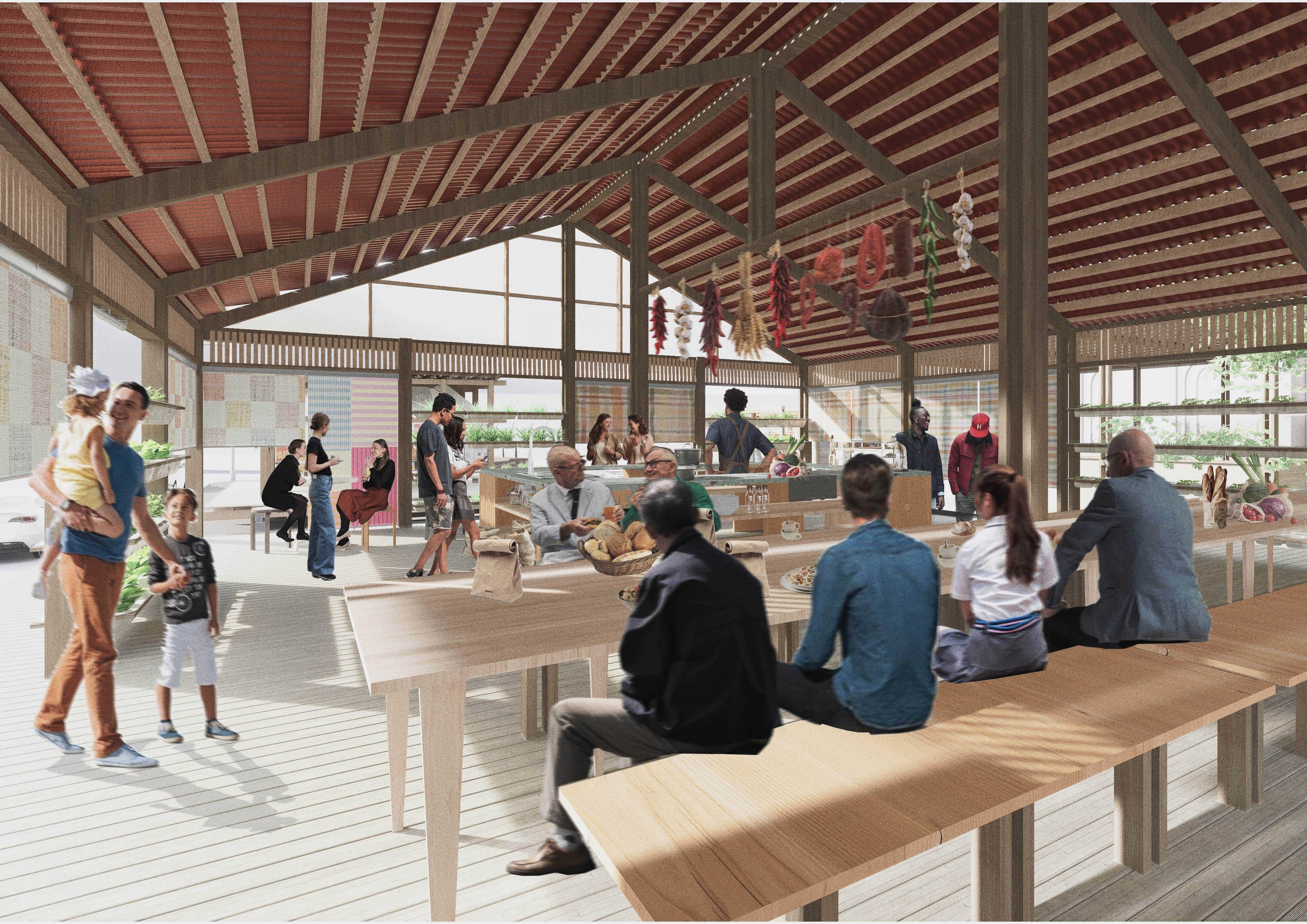 The Community Kitchen becomes a shared core where cooking, interaction, and mutual care transform it from a functional facility into a vibrant space of community life.