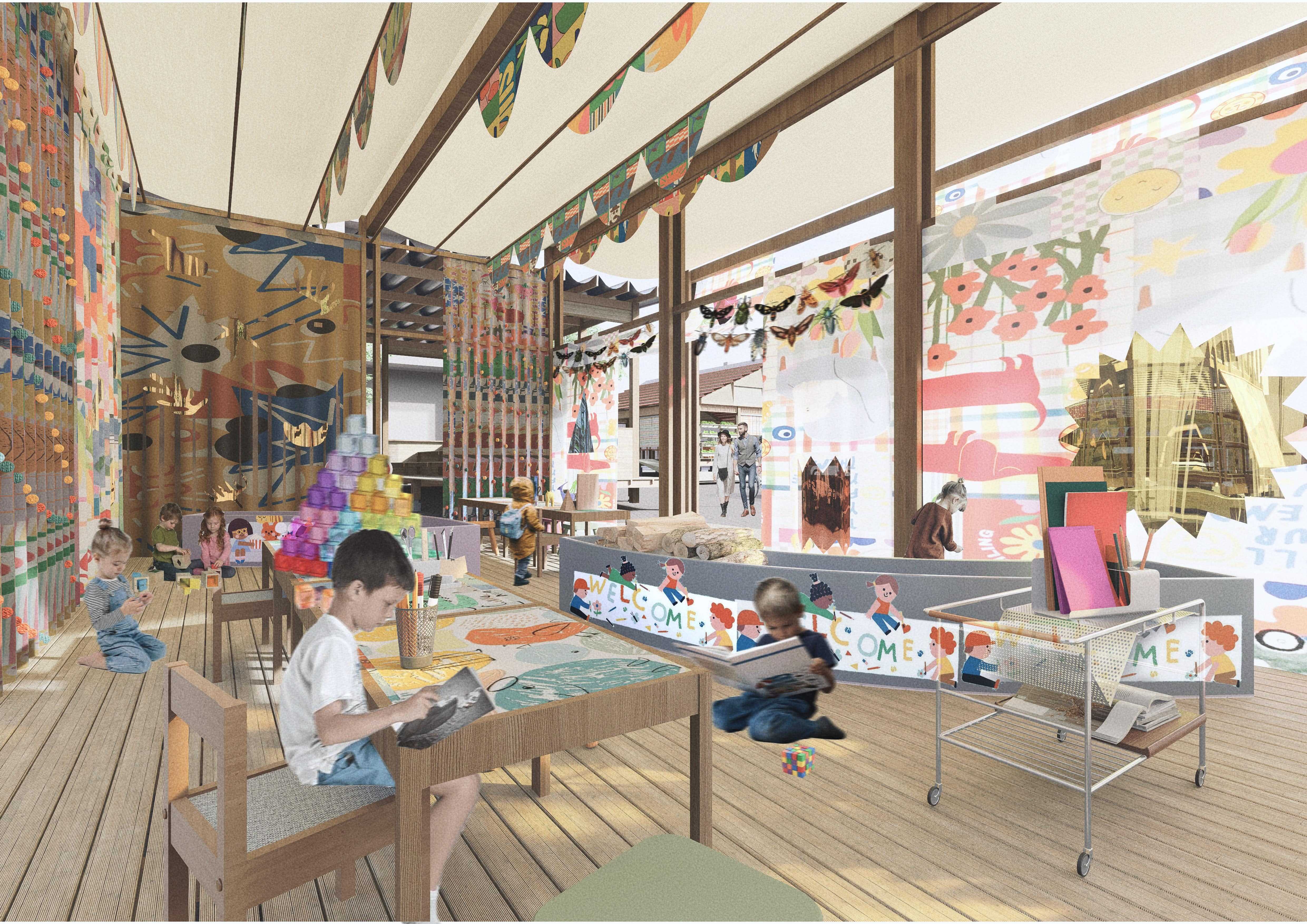 A flexible children's workshop using recycled materials to foster creativity, spatial exploration, and early engagement with collective, sustainable practices.