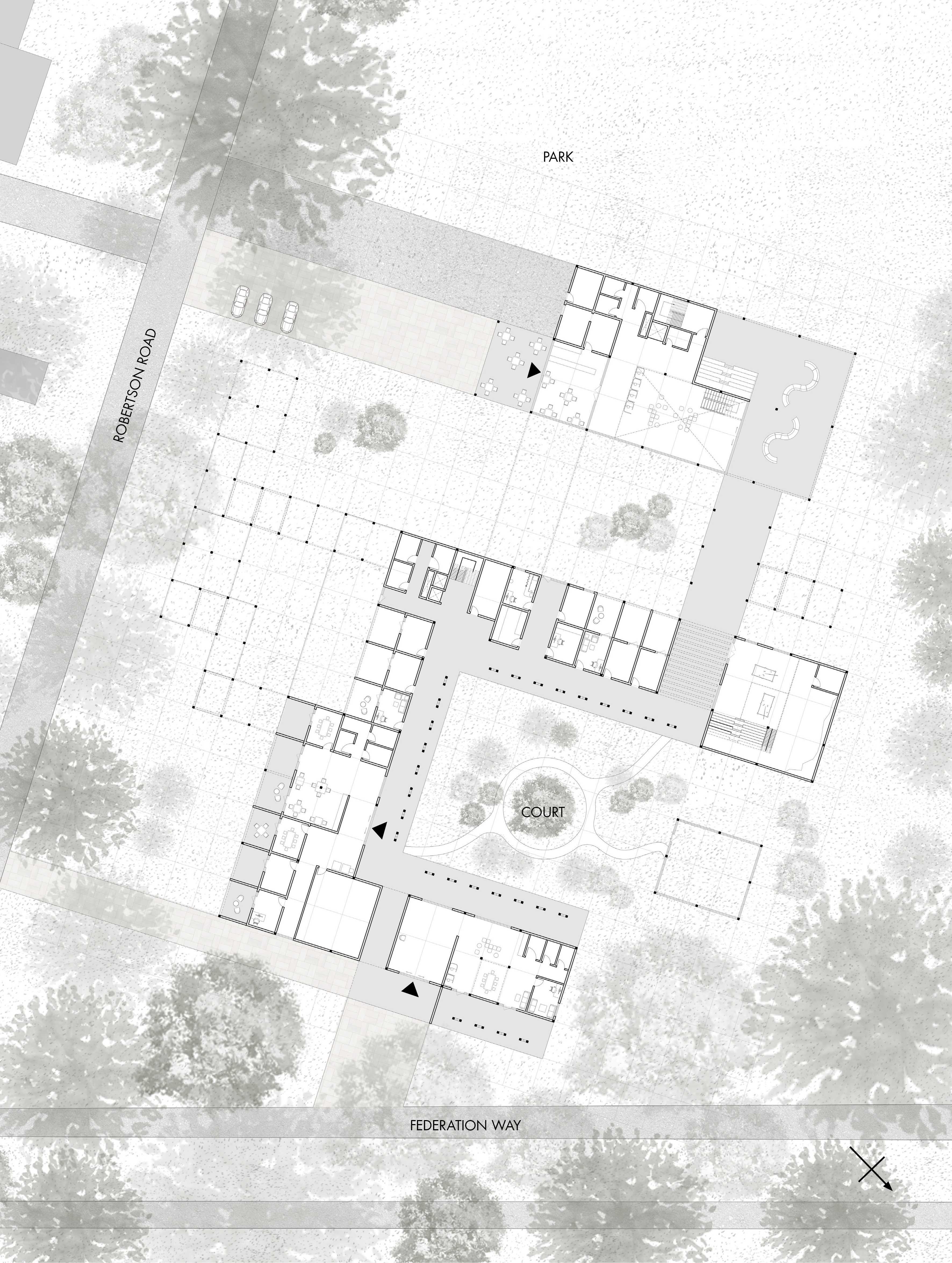The grid based design traces a journey from park-facing public zones to secluded private spaces. Age groups are separated for specific needs, with older users overlooking the park from beneath the elevated group therapy block.