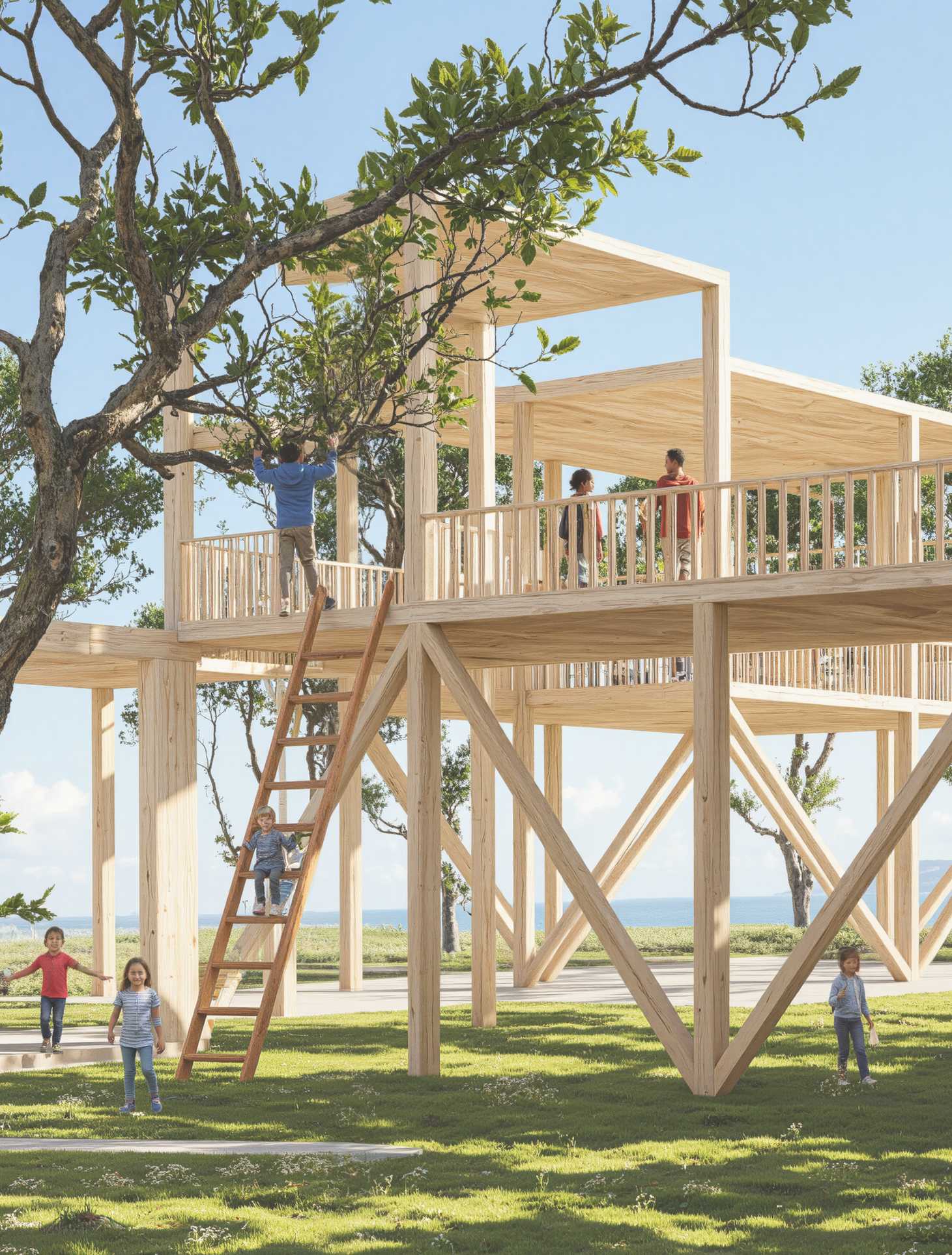Elevated amongst trees, the treehouses are connected to the younger age group’s discussion spaces, fostering a sense of belonging and offering a playful escape for reflection, post-session unwinding, and gentle moments of solitude.