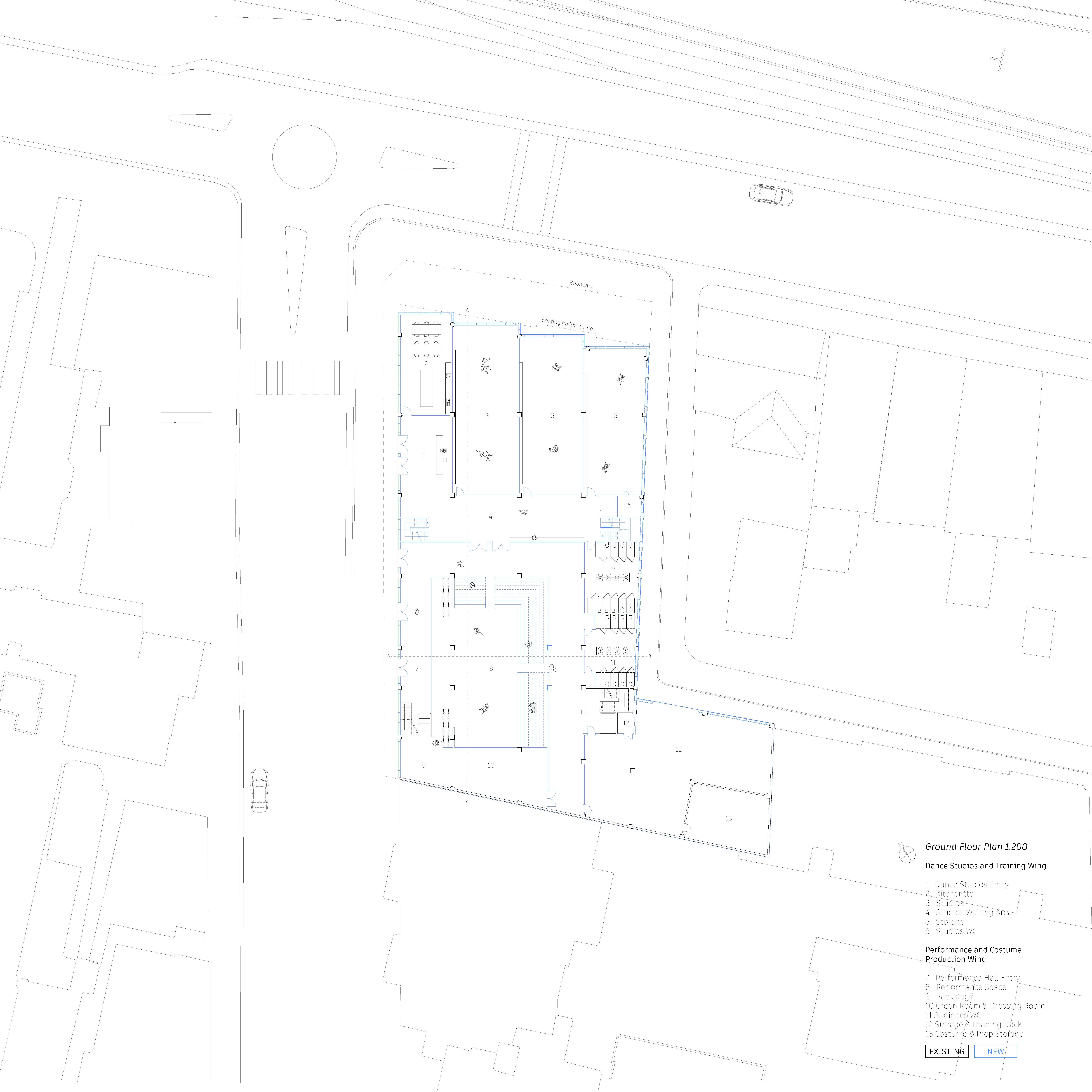 The building’s two halves support continuous activity: studios and training spaces operate nearly 24 hours for diverse users, while the performance side activates during scheduled events, workshops, and community gatherings.
