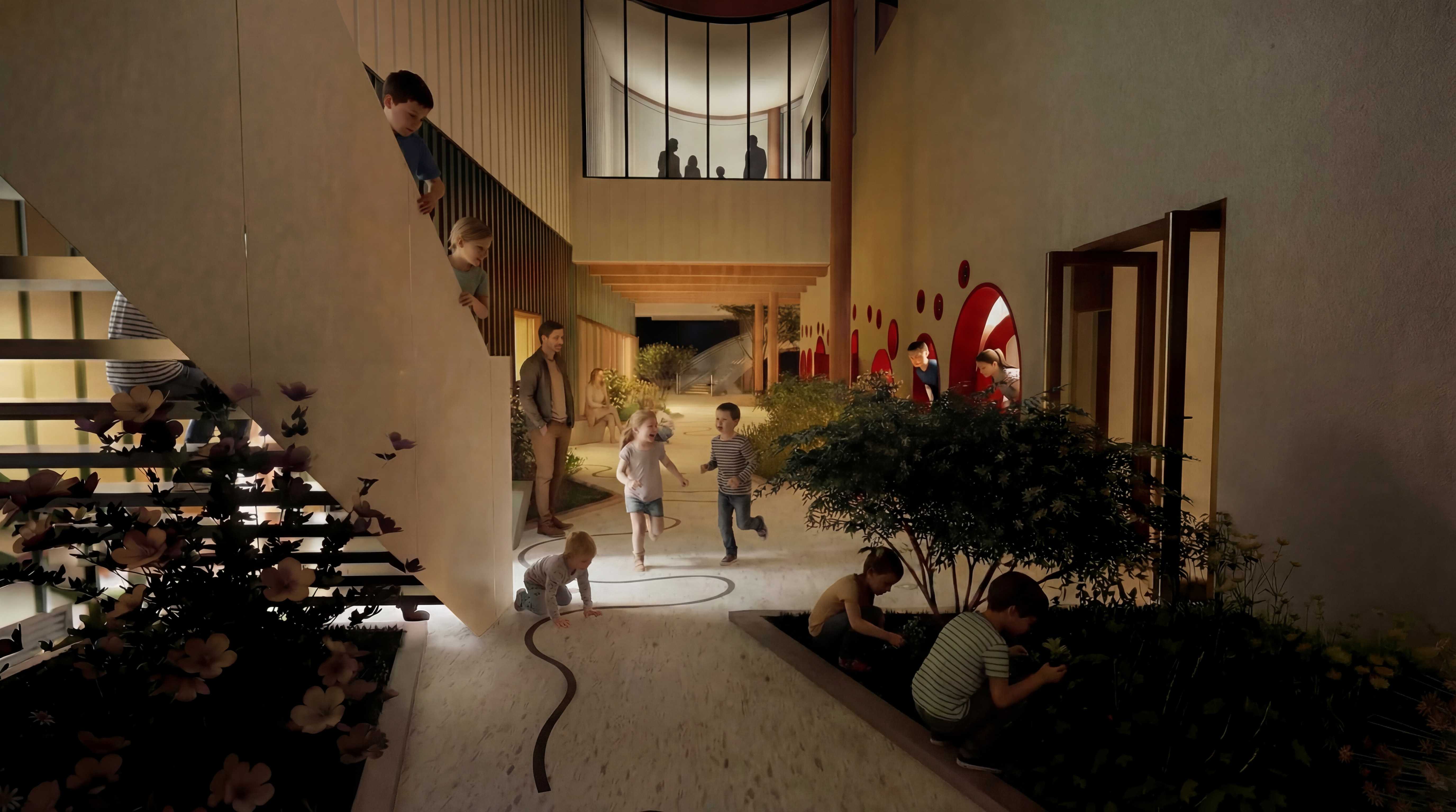 A softly lit outdoor corridor where children run, crawl, and explore plants, while warm timber and greenery create a relaxed, layered space for families to gather and play freely.
