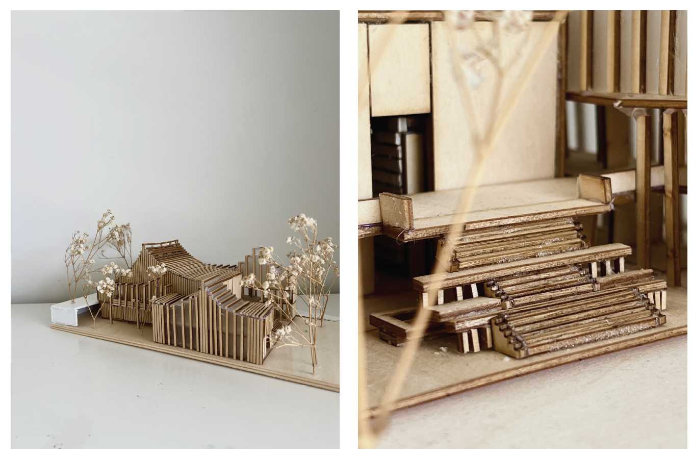 Model images revealing the form, textures, and acoustic intent of the final design, highlighting how space guides movement and connection.