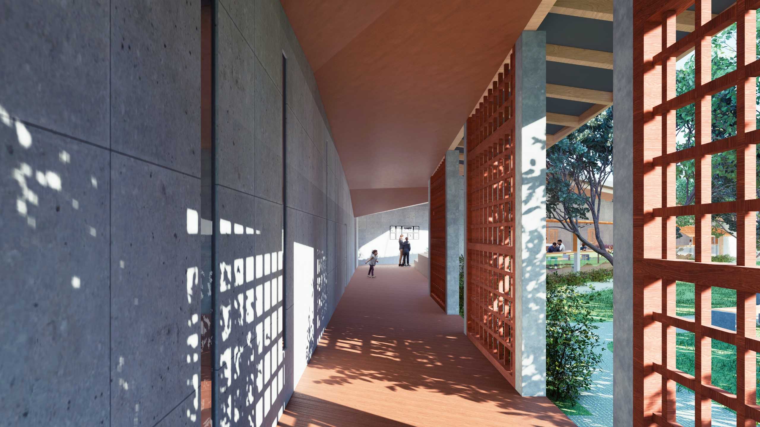 Entrance - Space of Transition gradually shifts visitors from external chaos to internal calm. Playful light entering through a perforated timber wall contrasts with glimpses of lively hall, sparking curiosity.