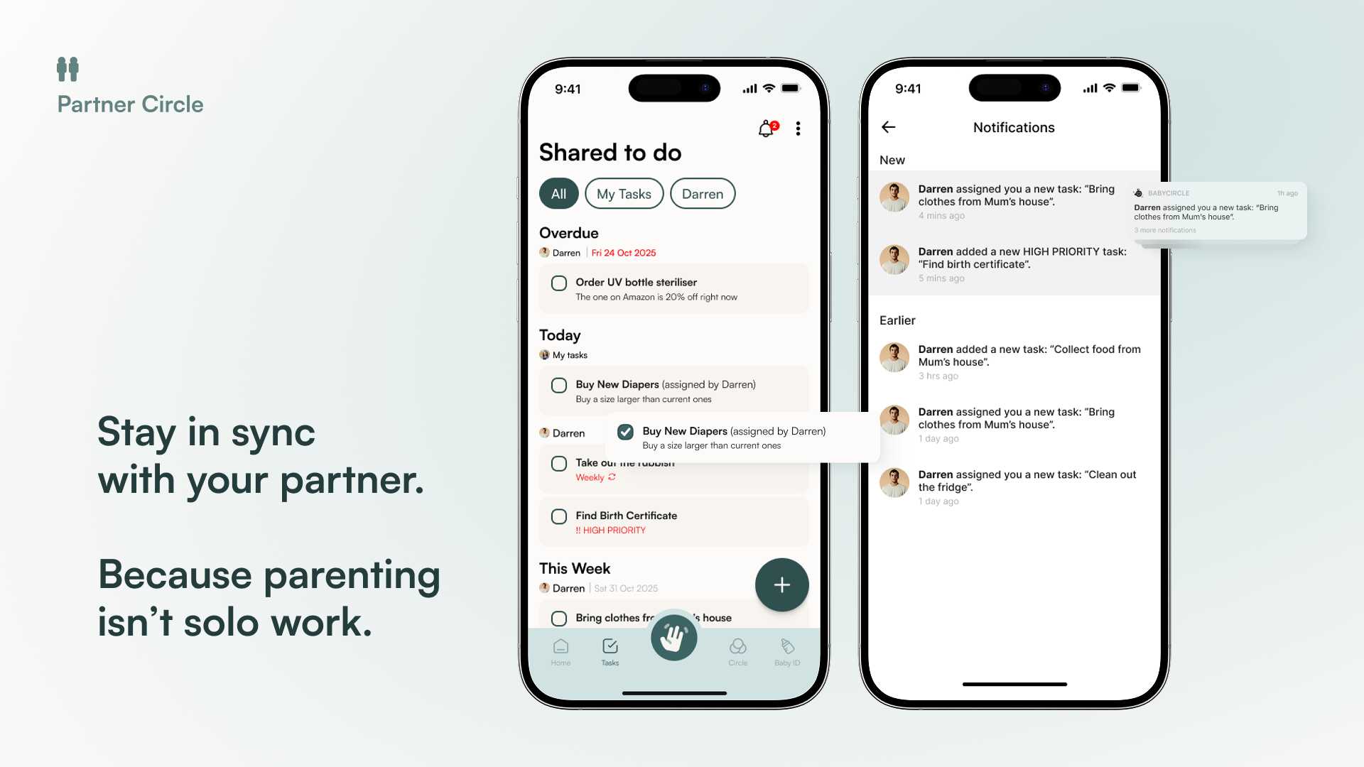 Moreover, a shared to-do list is synced between partners, allowing them to assign, track, and complete tasks together, so that daily caregiving feels coordinated even on the busiest days.