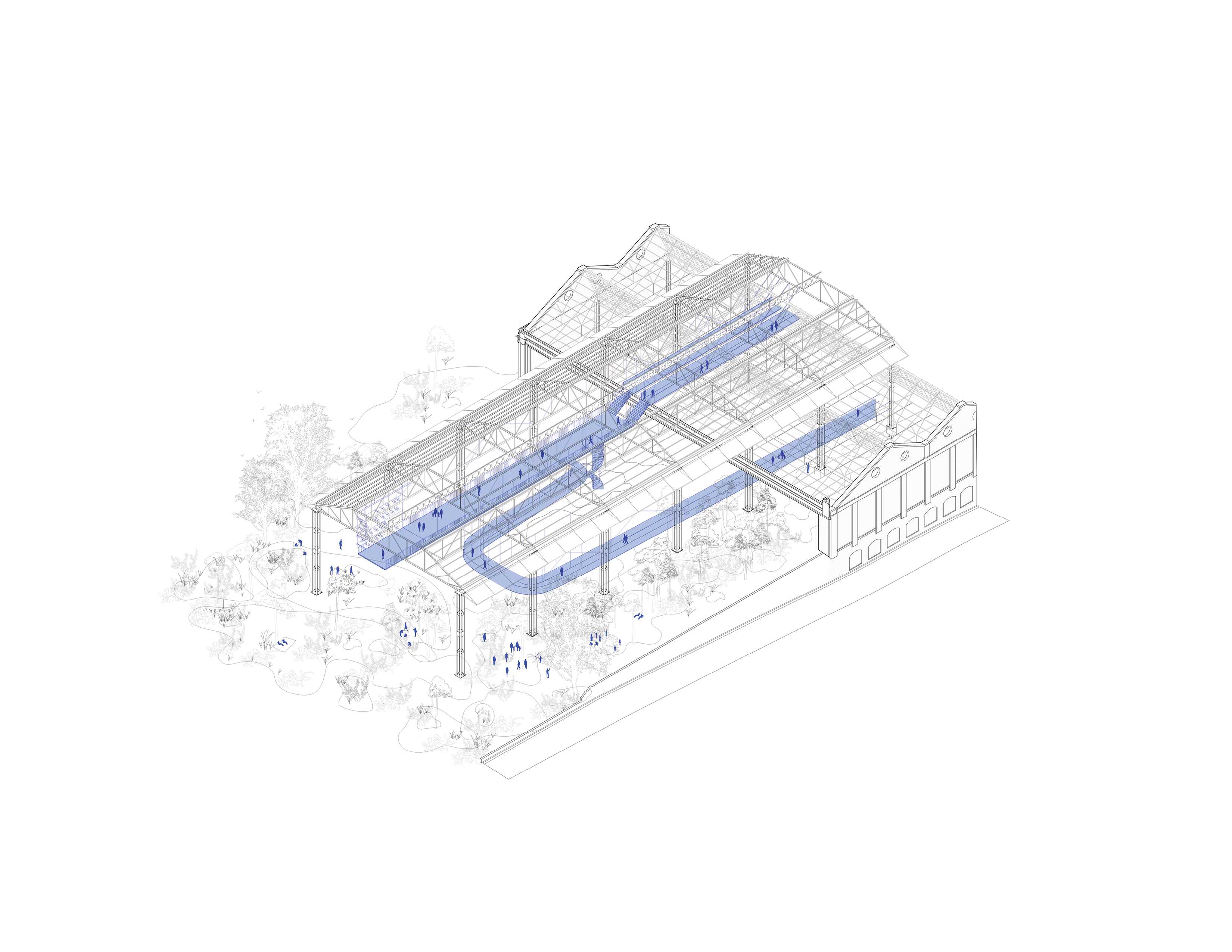 Axonometric. Suspended passageways connect users from Newtown Train Station to adjacent residential streets. A rewild terrain instils a space for contemplative stillness within the city.