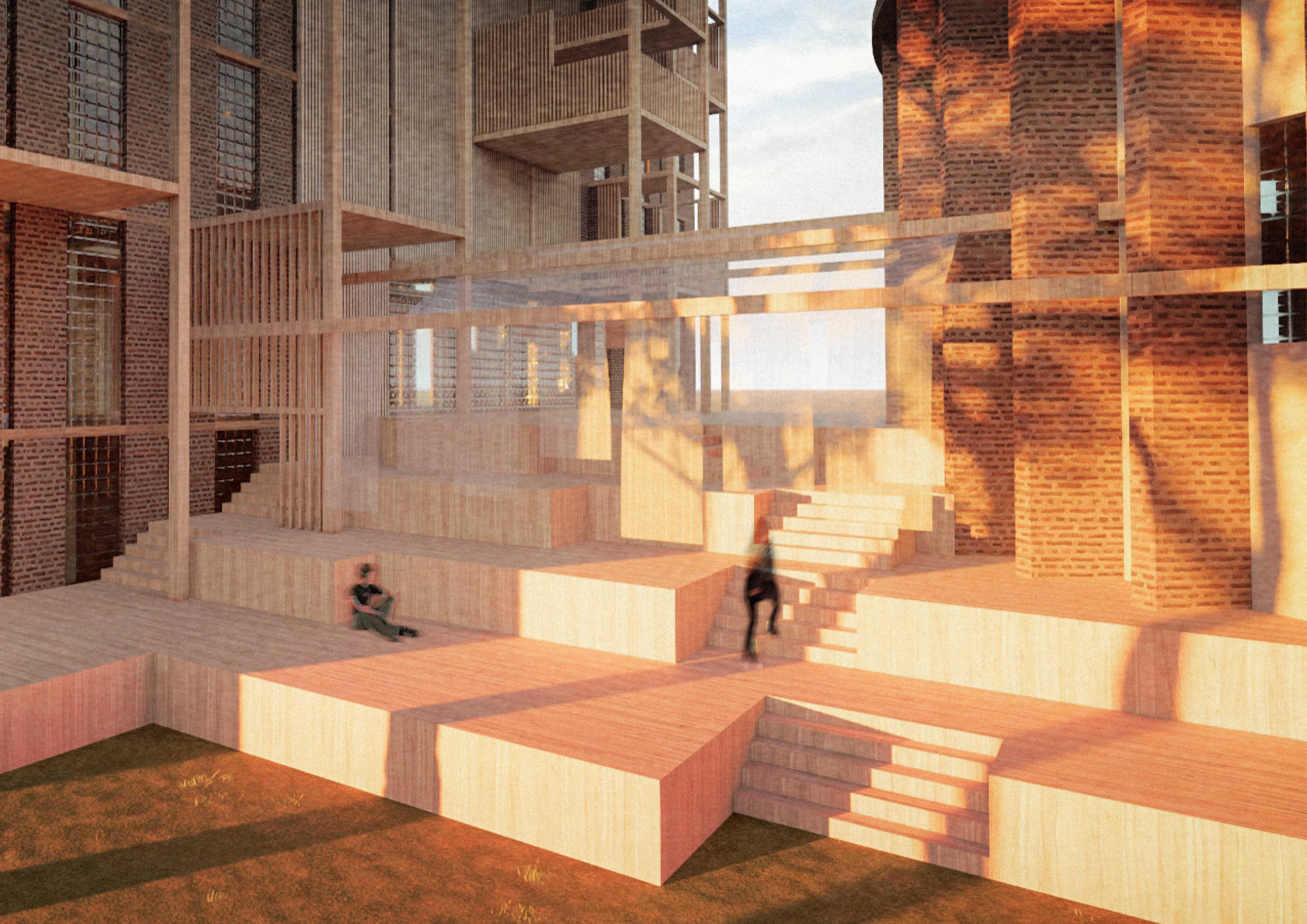 Exterior view of informal gathering spaces.