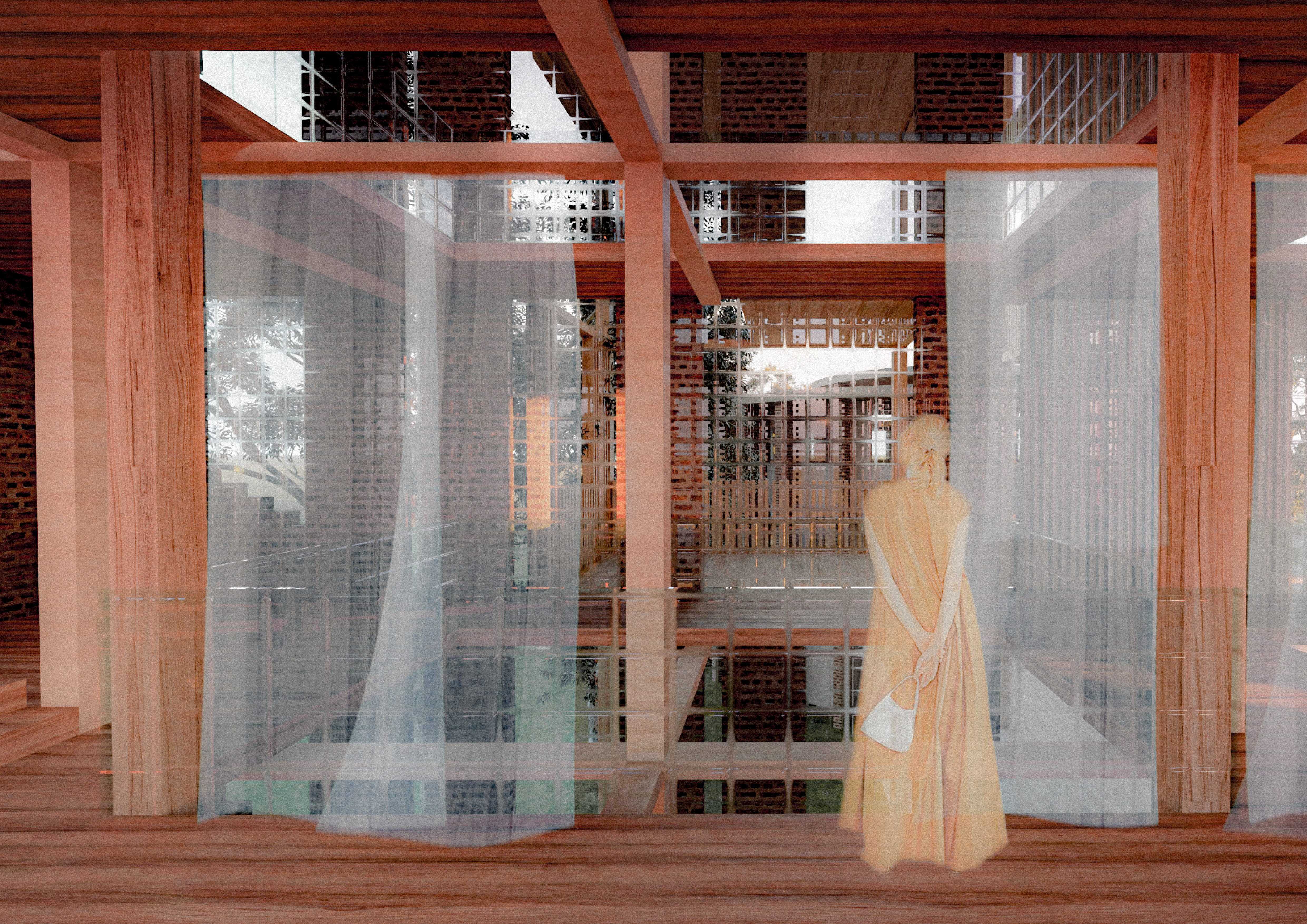 Interior view of atrium and fabric detail.