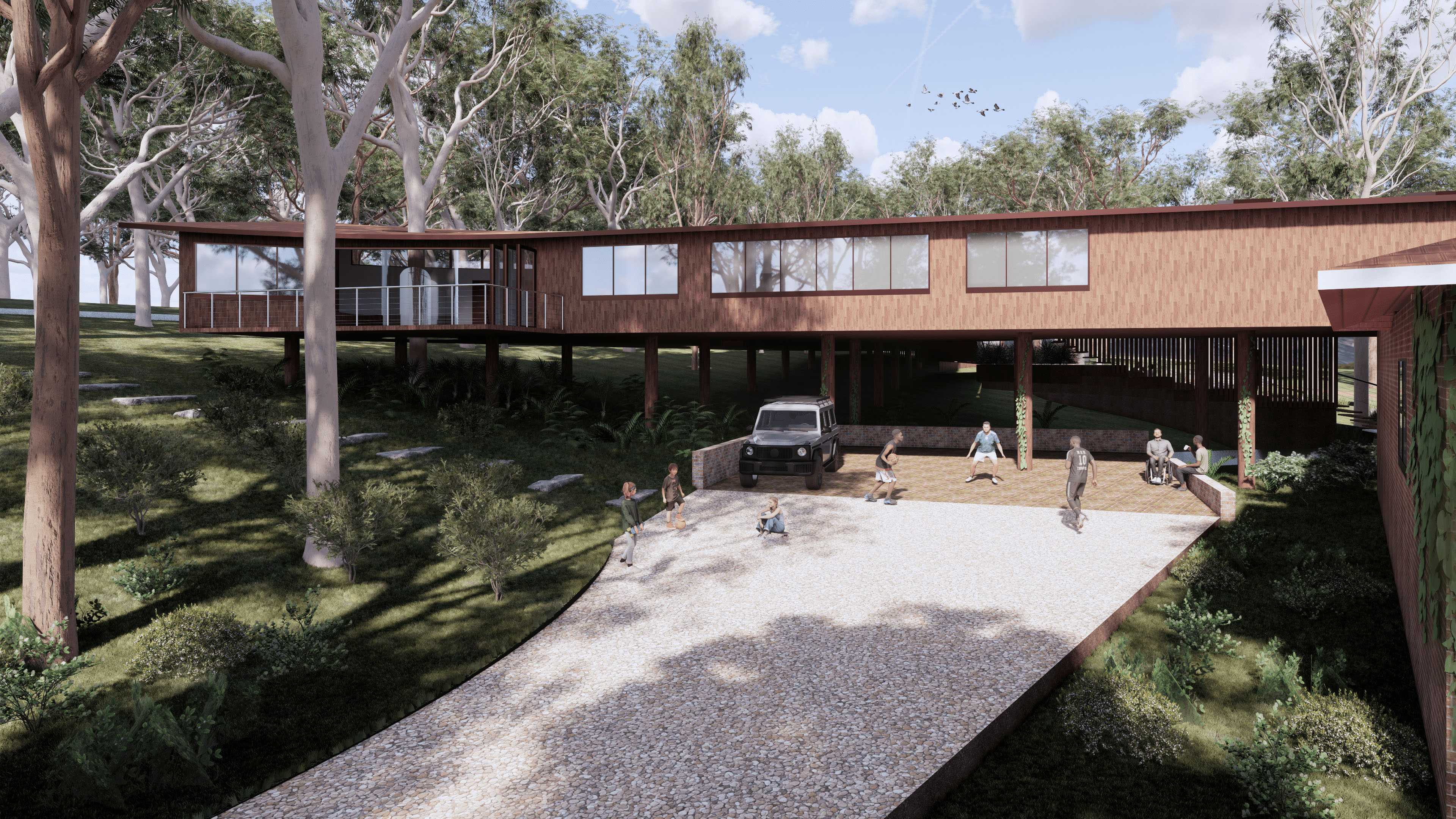 The caretaker’s driveway opens into a shaded carport that becomes a flexible gathering space. It shifts between making, meeting and leisure while maintaining level access across the custodianship layer.