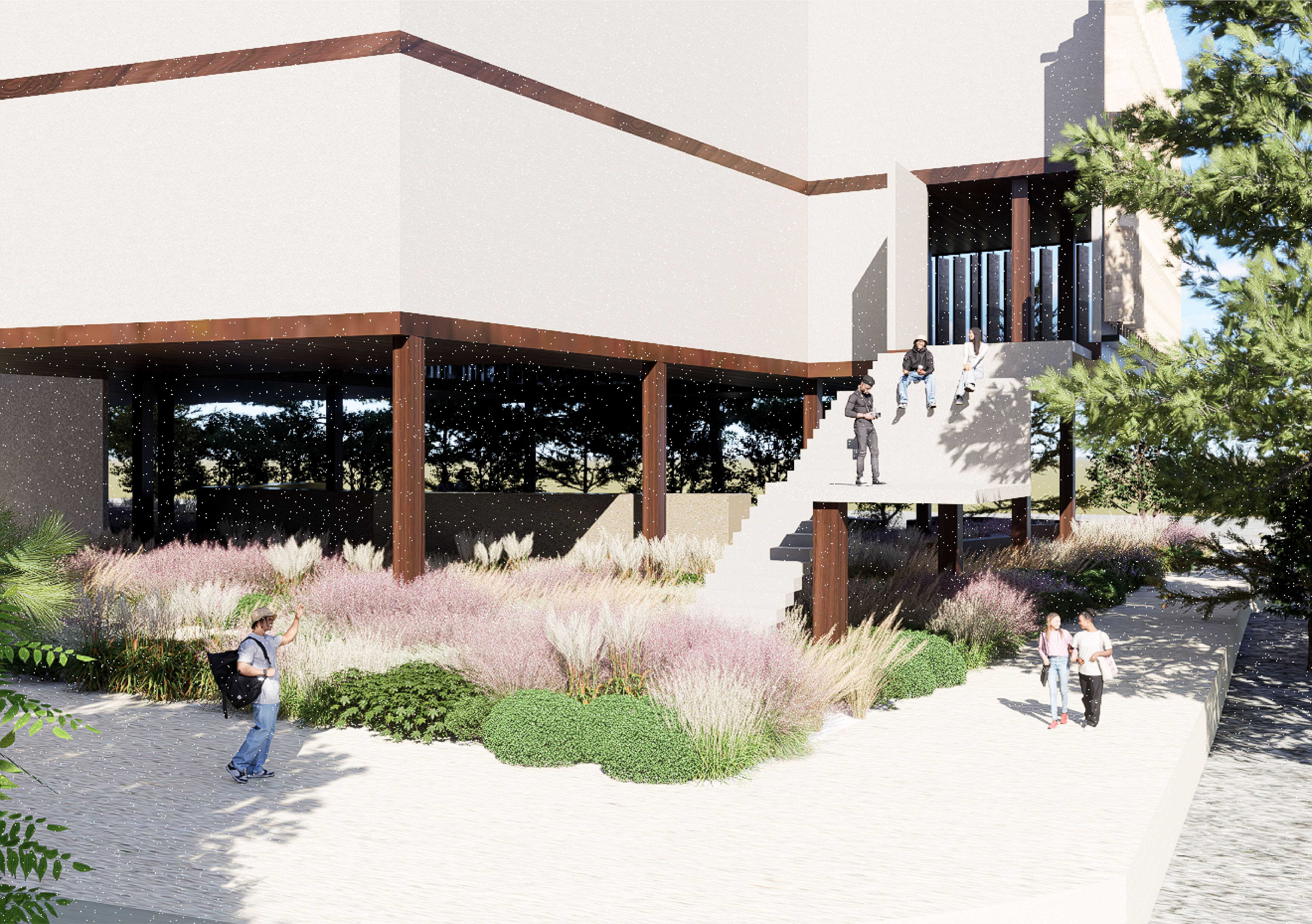 The welcome entry pathway features multiple decks along the ascending stairs, offering moments to pause and reflect. These decks serve as informal gathering points for rest, observation, and interaction with the surroundings.