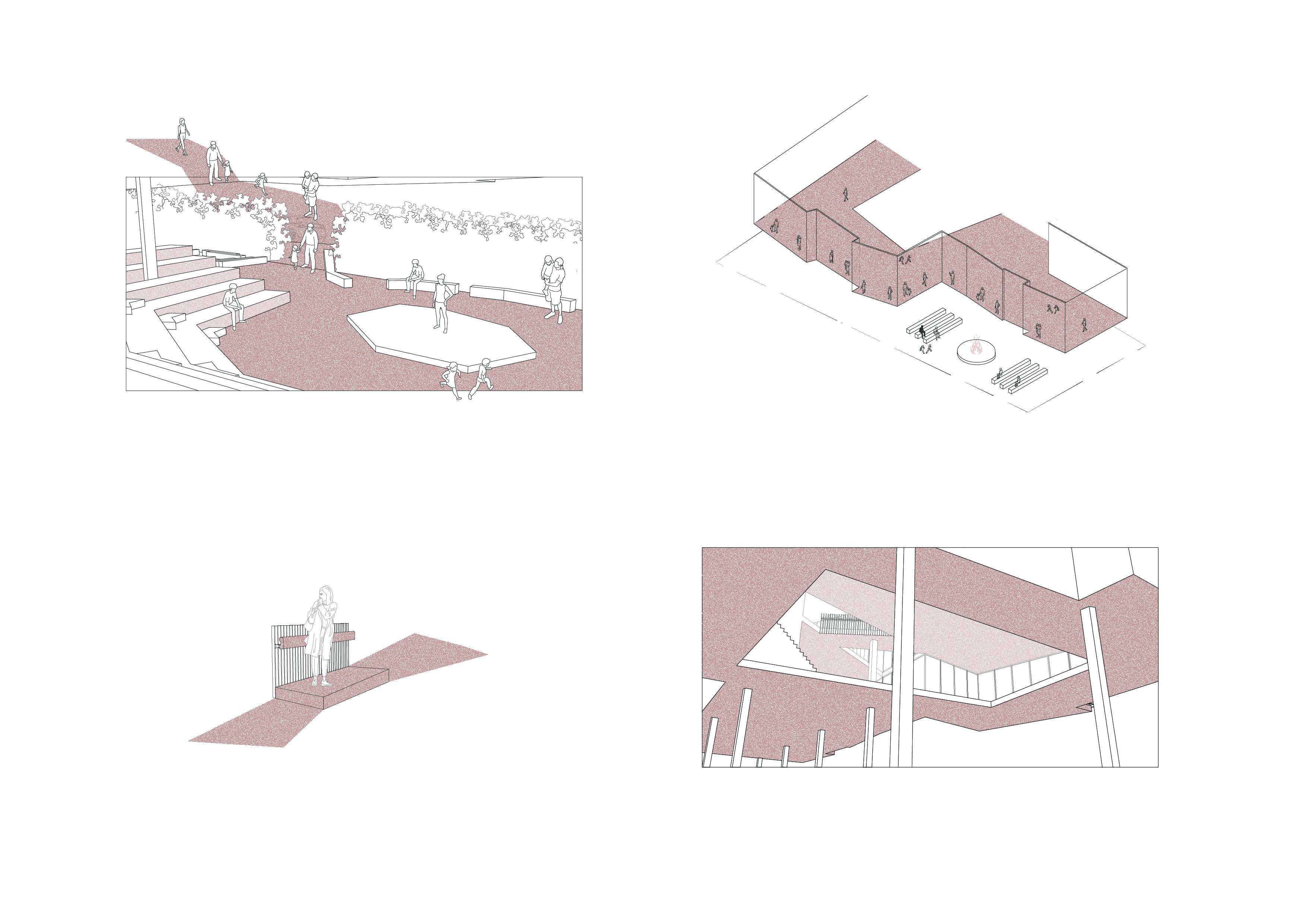 Illustrations of the building experience: an open amphitheatre accessible from Parramatta Road, angled hallways, voids, and weathering wooden handrails subtly marking occupants and tracing movement throughout.