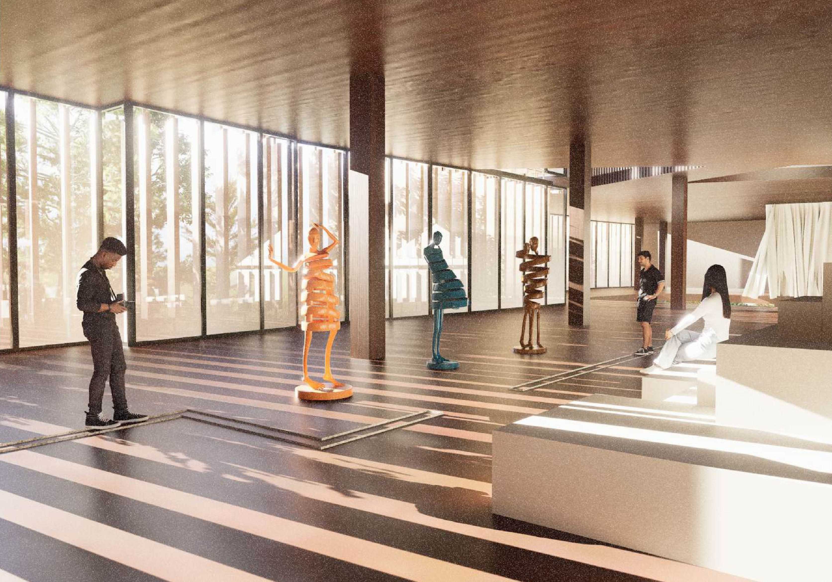 A glimpse of the exhibition area with timber structures. Angled louvers is used in response to facade orientation which filters sunlight and creating a dynamic interplay of light and shadow.