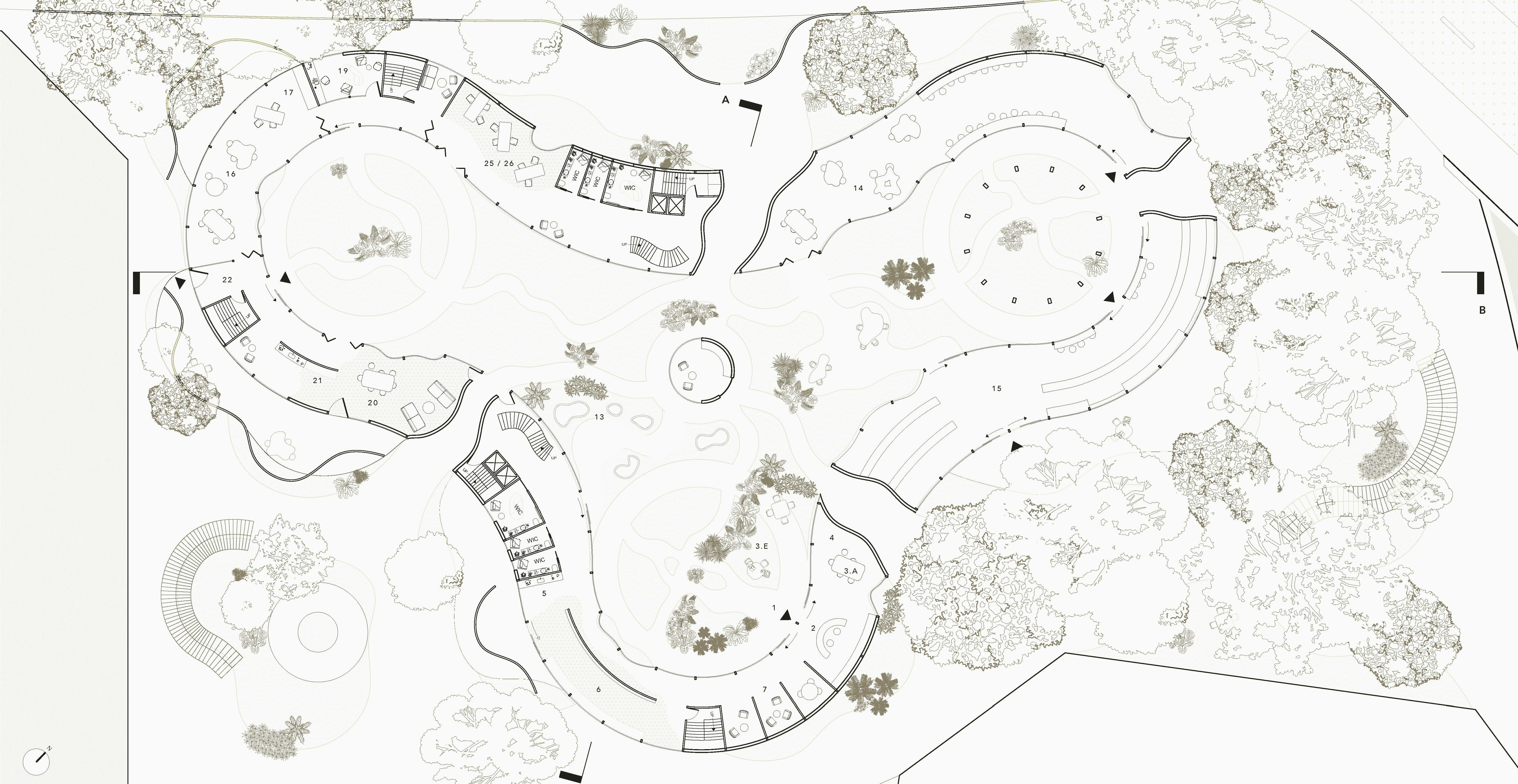 Ground Floor Plan - A therapeutic landscape which balances the needs of both service users and community, integrating staff, public and client spaces.