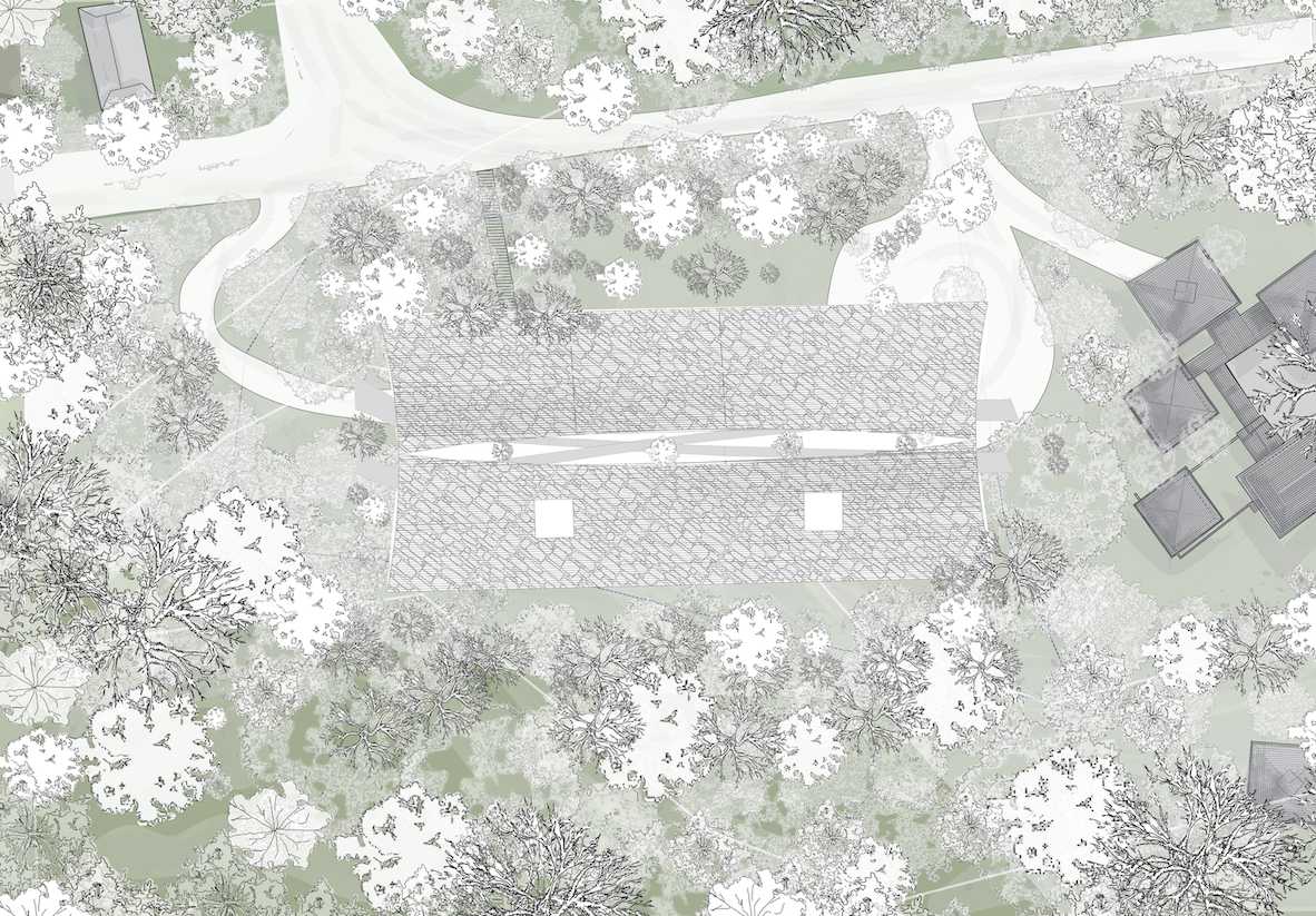 Set among native trees, the perforated roof references the filtering qualities of the forest canopy, binding new interventions to the landscape through light, rhythm, and topographic alignment