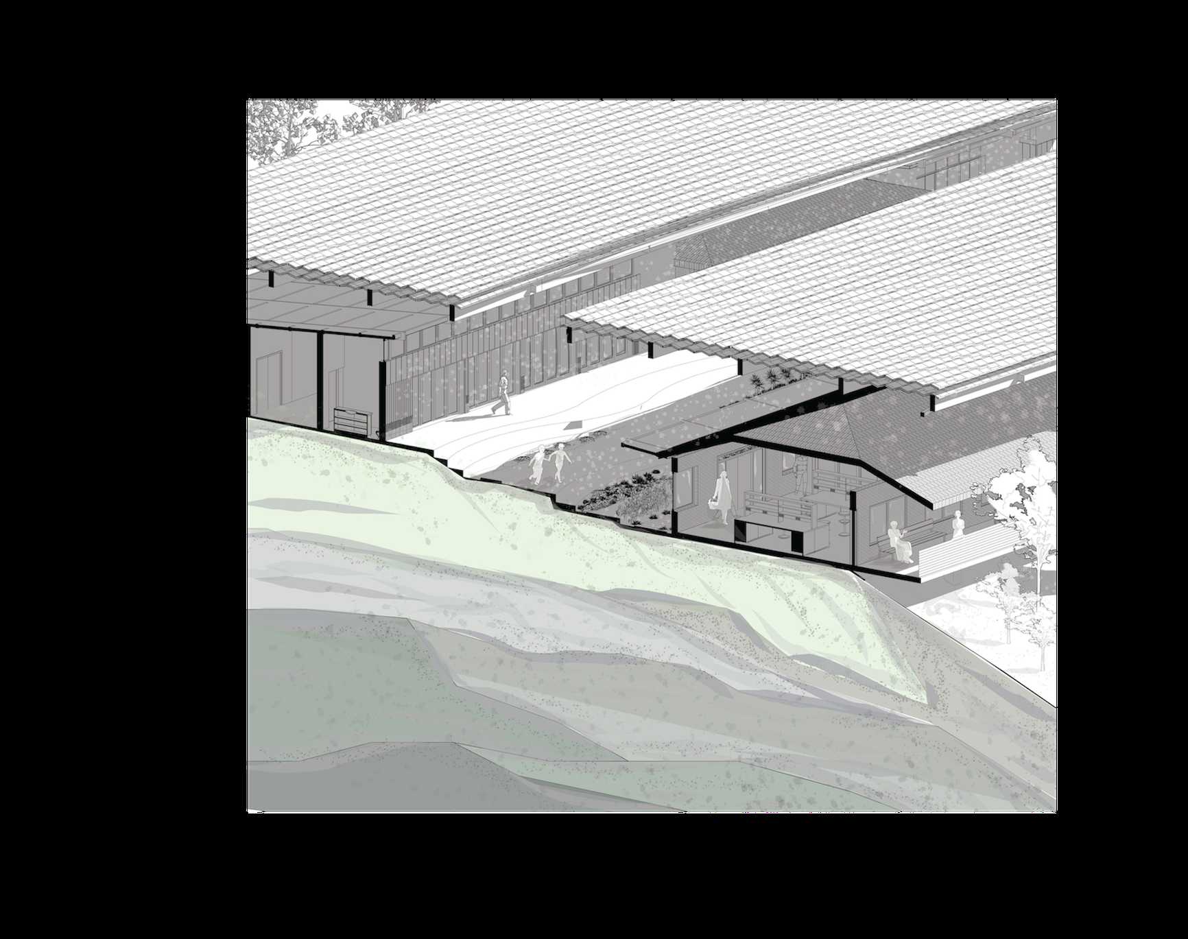 Exploded axonometric highlighting the Aboriginal Women’s Workshop as a key cultural space, its relation to the central promenade, and the dual-roof system that layers protection, privacy, and continuity
