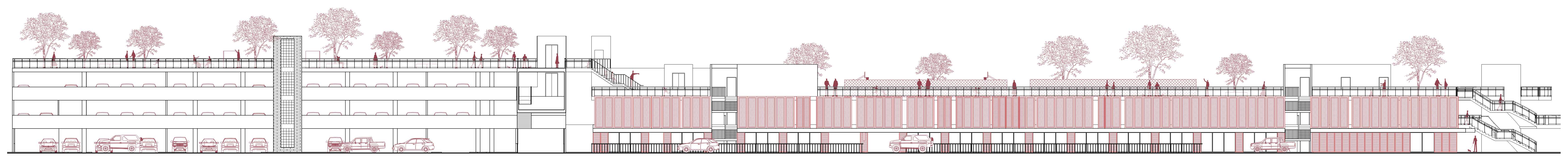 This elevation shows a layered, porous façade that integrates rooftop park and car park, using terraces, greenery, screens, and lighting to express program, enhance comfort, and establish a civic landmark.