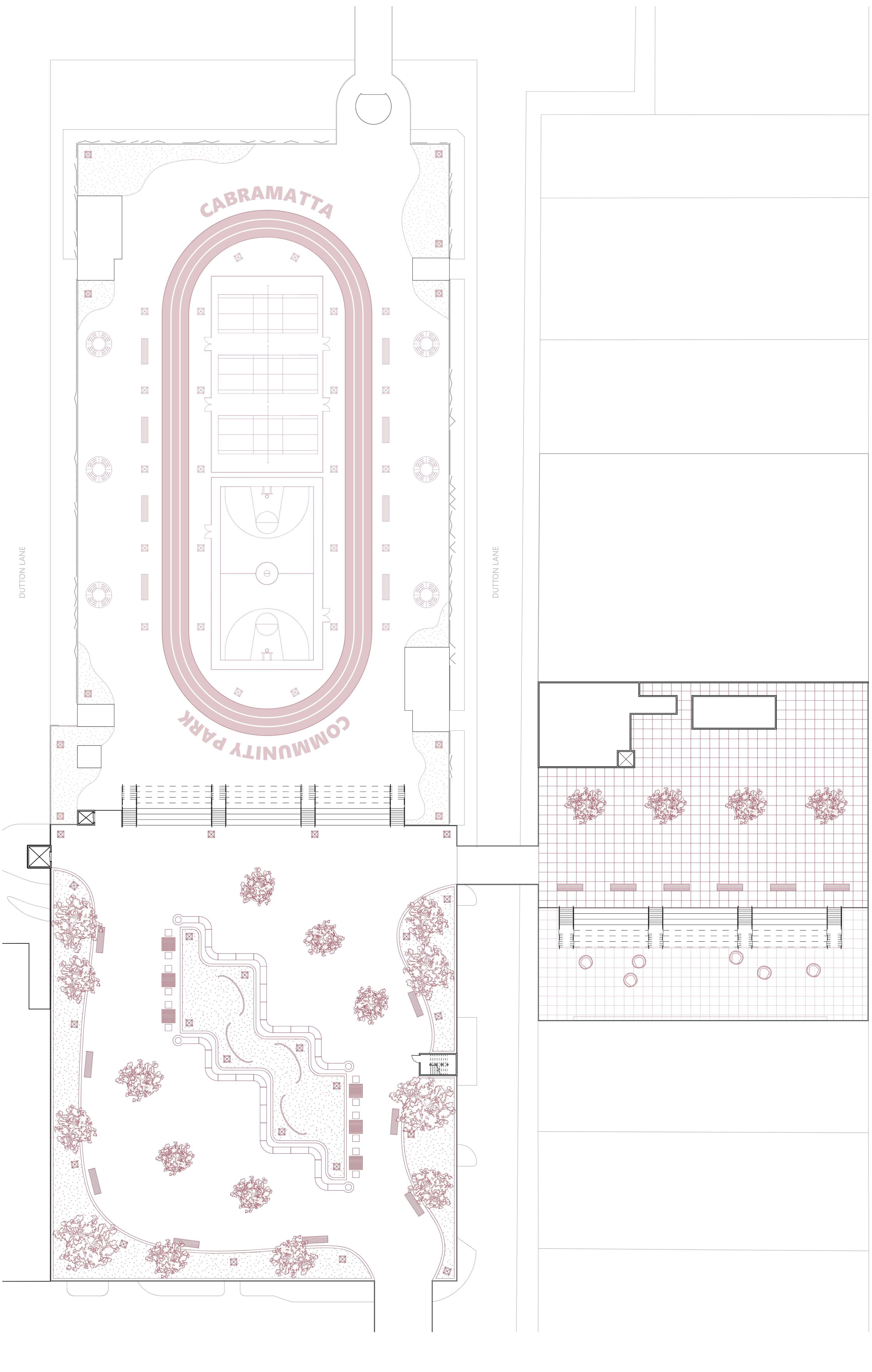 Level Three forms an active community garden and exhibition zone with Tai Chi court, game tables, shaded planting, rotating art wall, accessible circulation, and programmable lighting for inclusive day-night use.