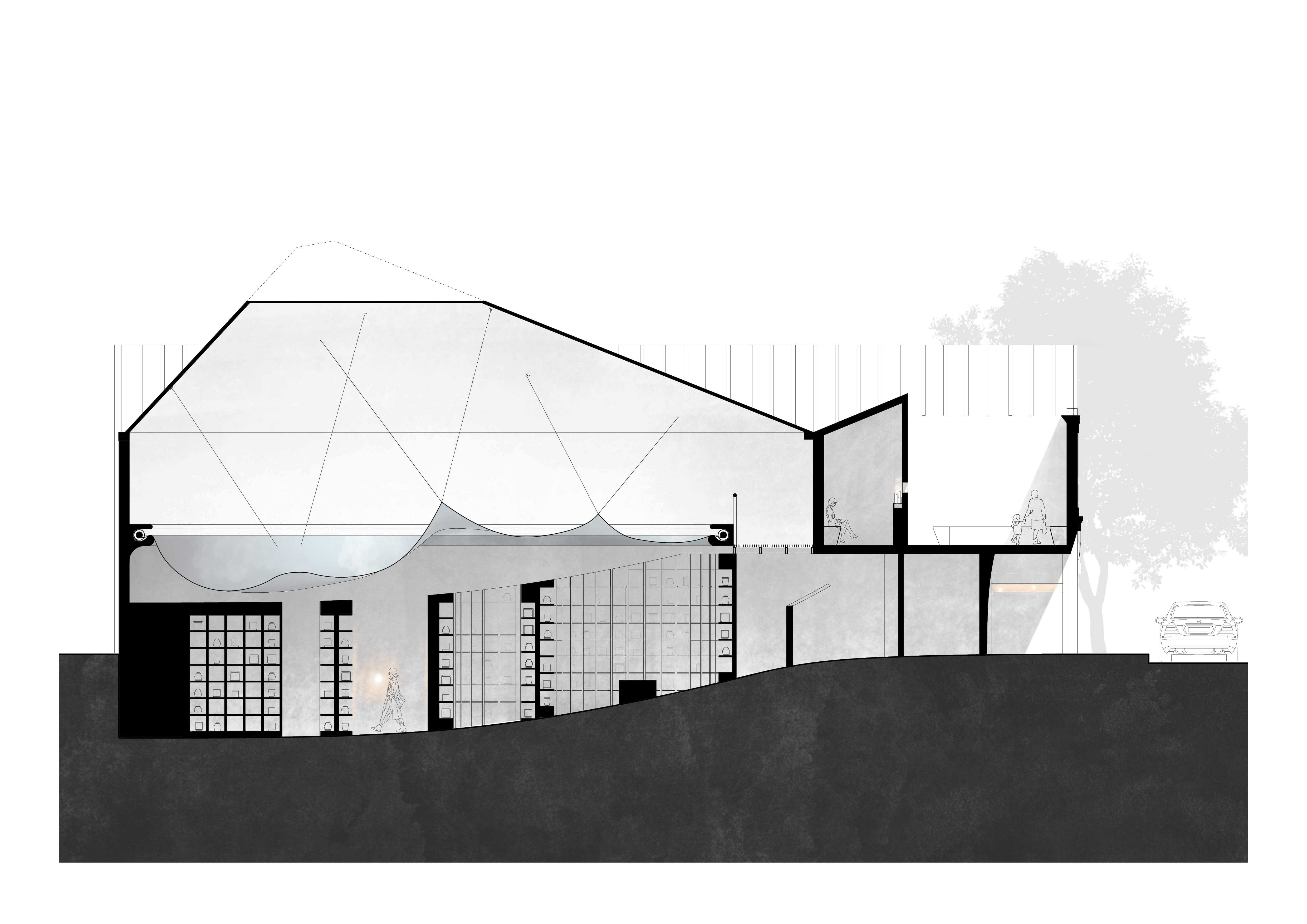 Long Section. Columbarium 153 draws visitors from a dim descent toward a quieter realm, where shifting light and gathered traces shape movement in which memory settles fully into presence.