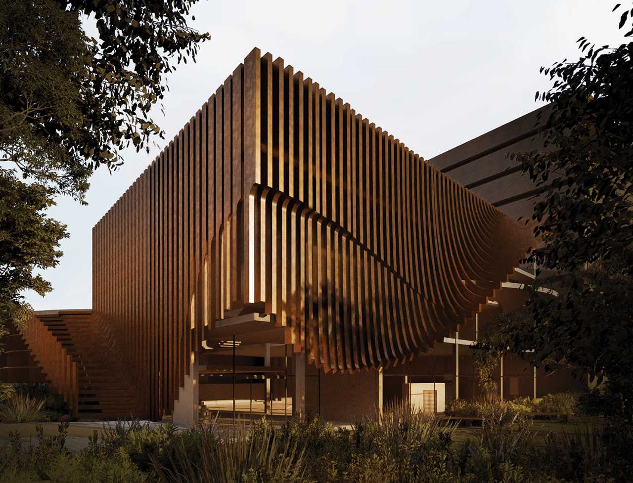 The exterior facade catches the first warmth of the sun, its surfaces shifting with colour and time. Openings glow from within, like ripples of light across dark water. 