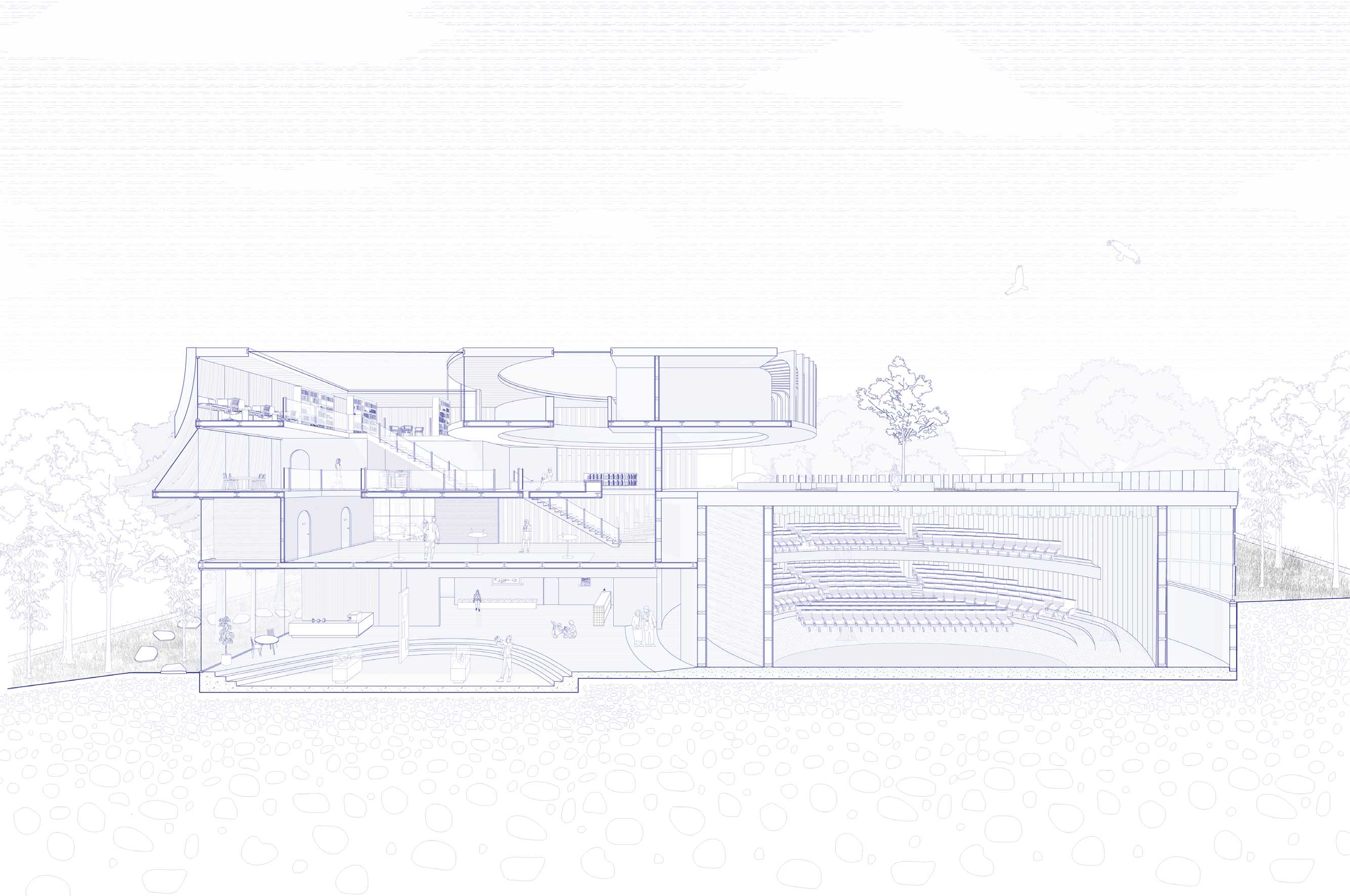 Section view reveals this porosity again, as the void carries daylight deep within while edges remain loose and breathing; quiet gradients that set the building’s mood across its public interior.