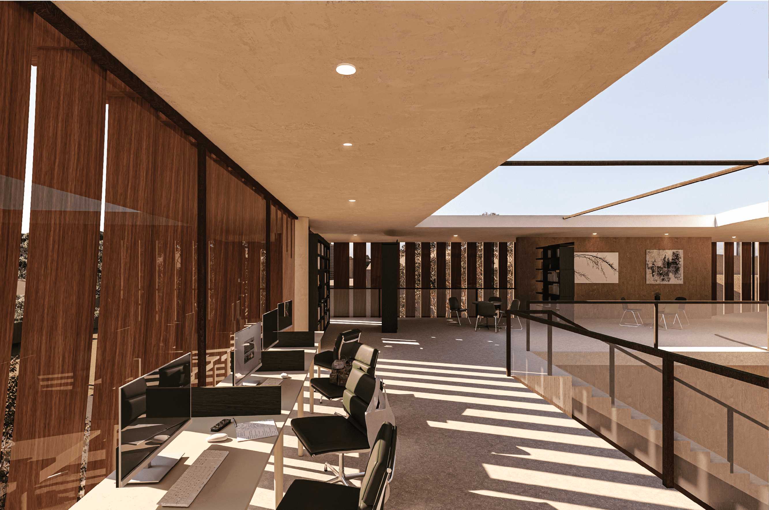 Light drifts through the building like slowed currents, gathering and dispersing across voids and edges. It thickens the room’s depth and gives each path its own quiet tempo. 