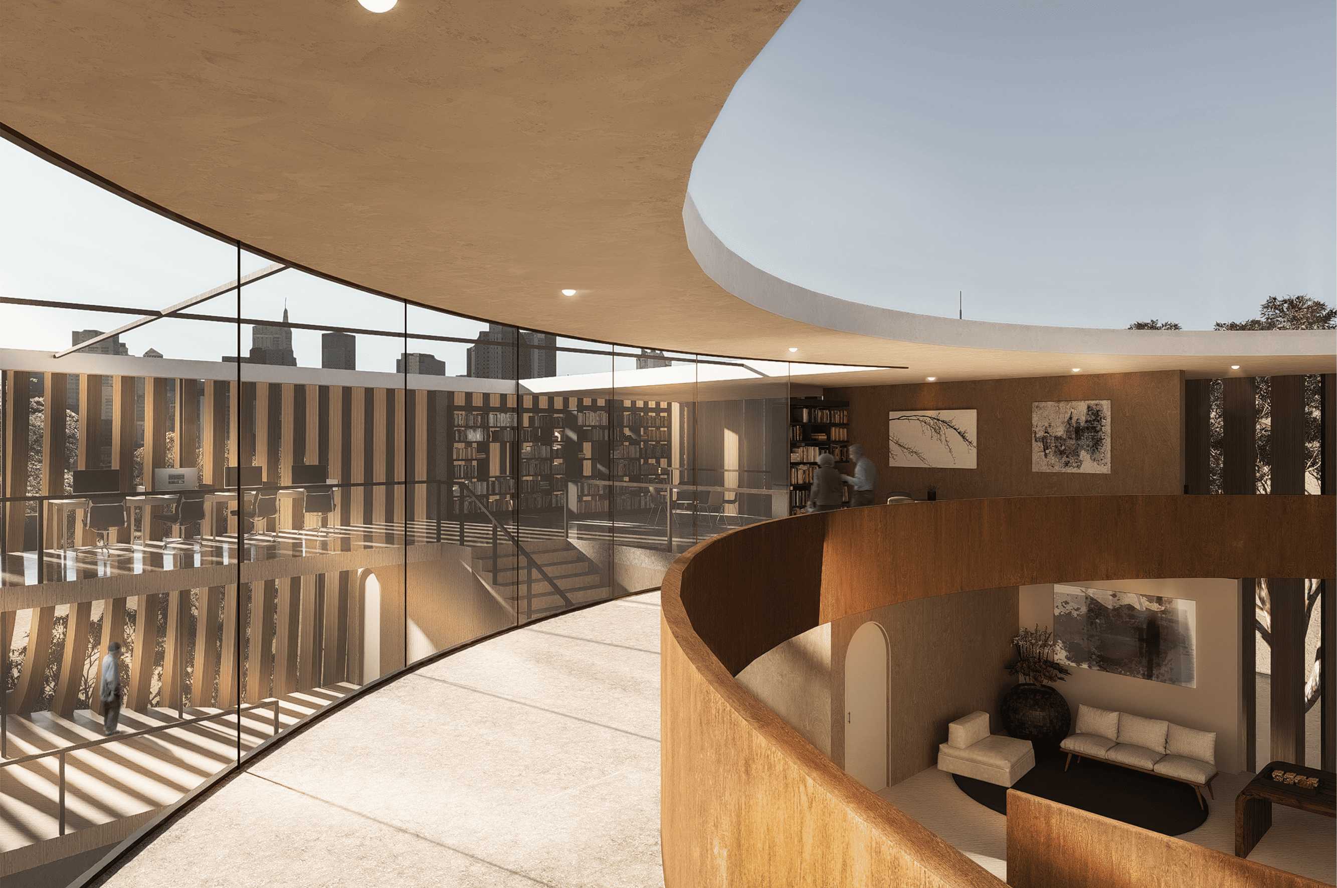 Circulation stretches as a slow current, widening and narrowing to produce moments of pause. Surfaces guide orientation without hierarchy, allowing soft autonomy in how people choose to move.