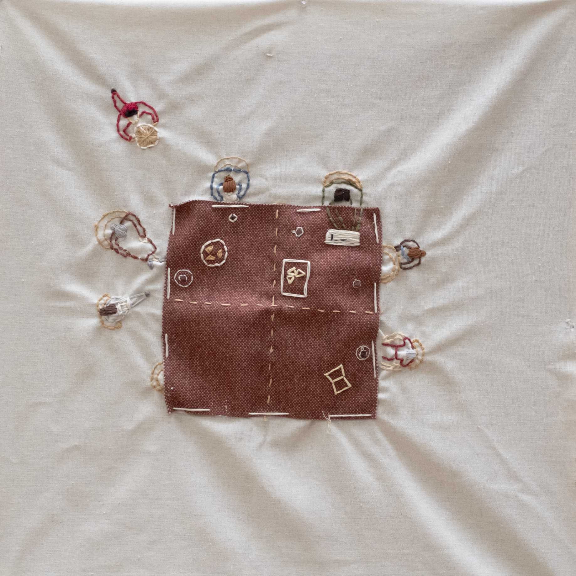 Mixed Media Panel - 'At the Weaving Table', hand embroidered on linen. Inspired by Sarah Wigglesworth's 'Dining Table', 1997.