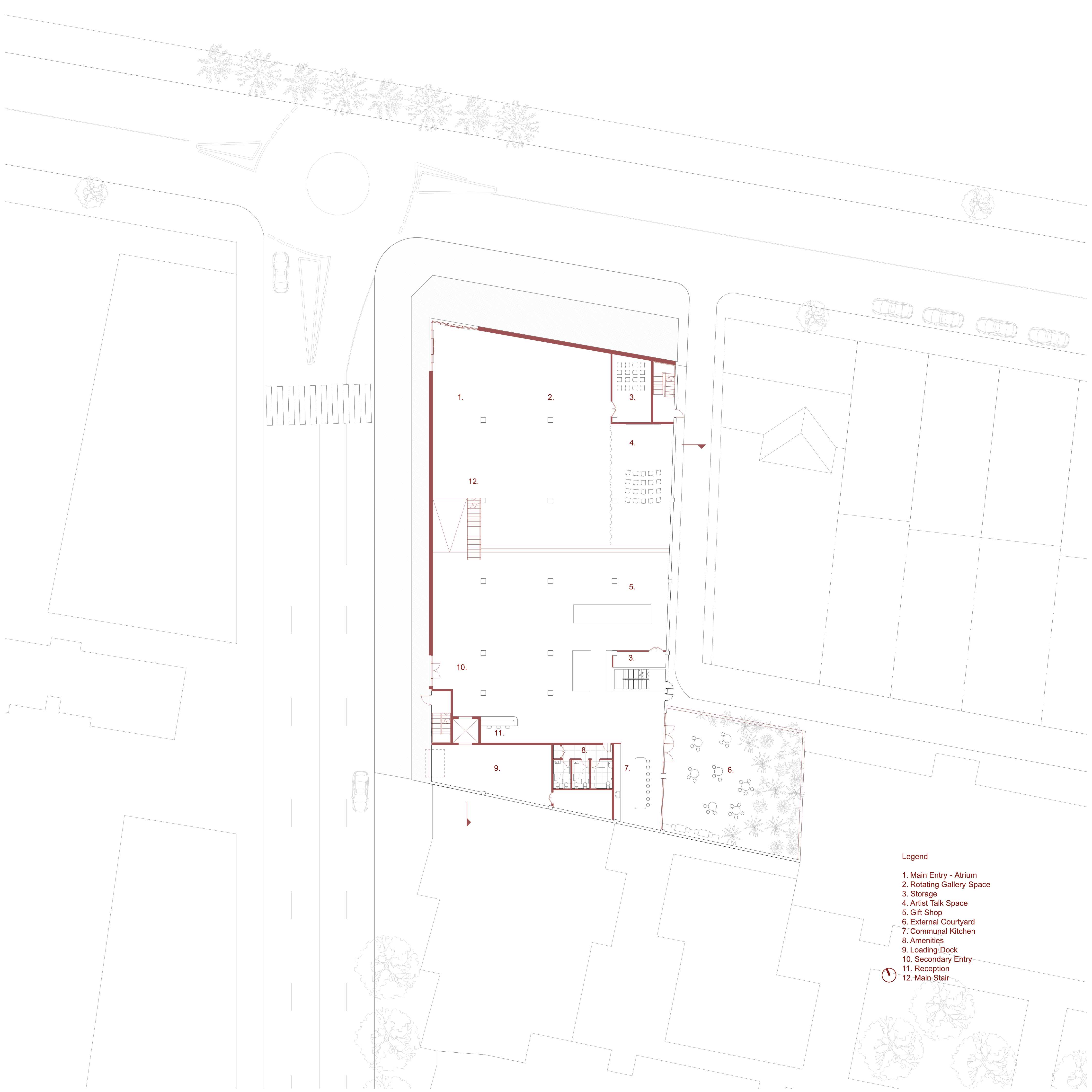 Ground and Site Plan - A double height exhibition space allows bodies of work to be displayed and shared with the wider community, such as art activism pieces. 