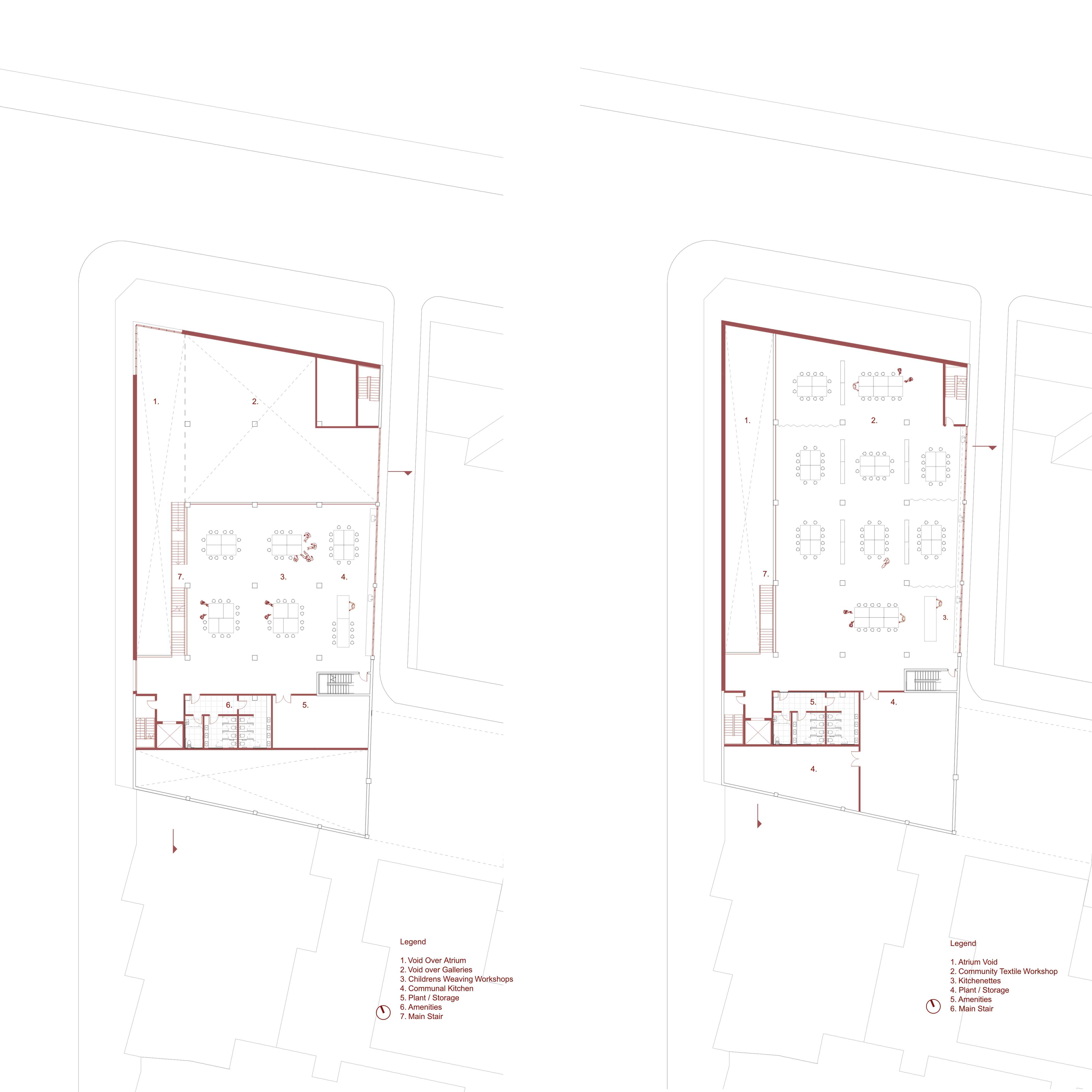 Level 1 and Level 2 Plan - Weaving Workshops with schoolchildren, textile and design students, and anyone who expresses interest. A larger weaving room for migrant and refugee women. 