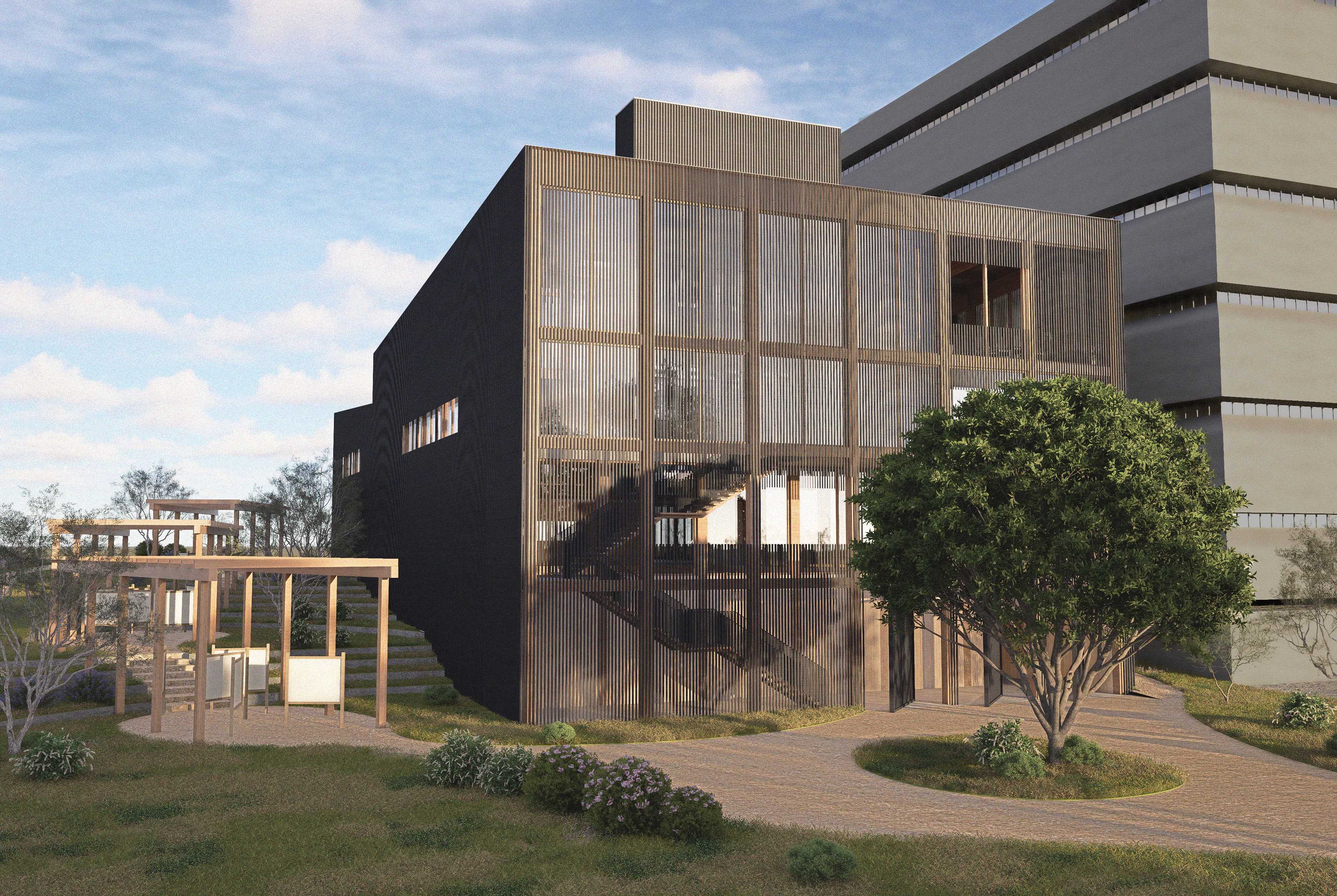 Charred timber, filtered light, and soft landscape contours revive a once-colonial edge. The building opens to Country, framing green space and inviting renewal through shadow, structure, and land.