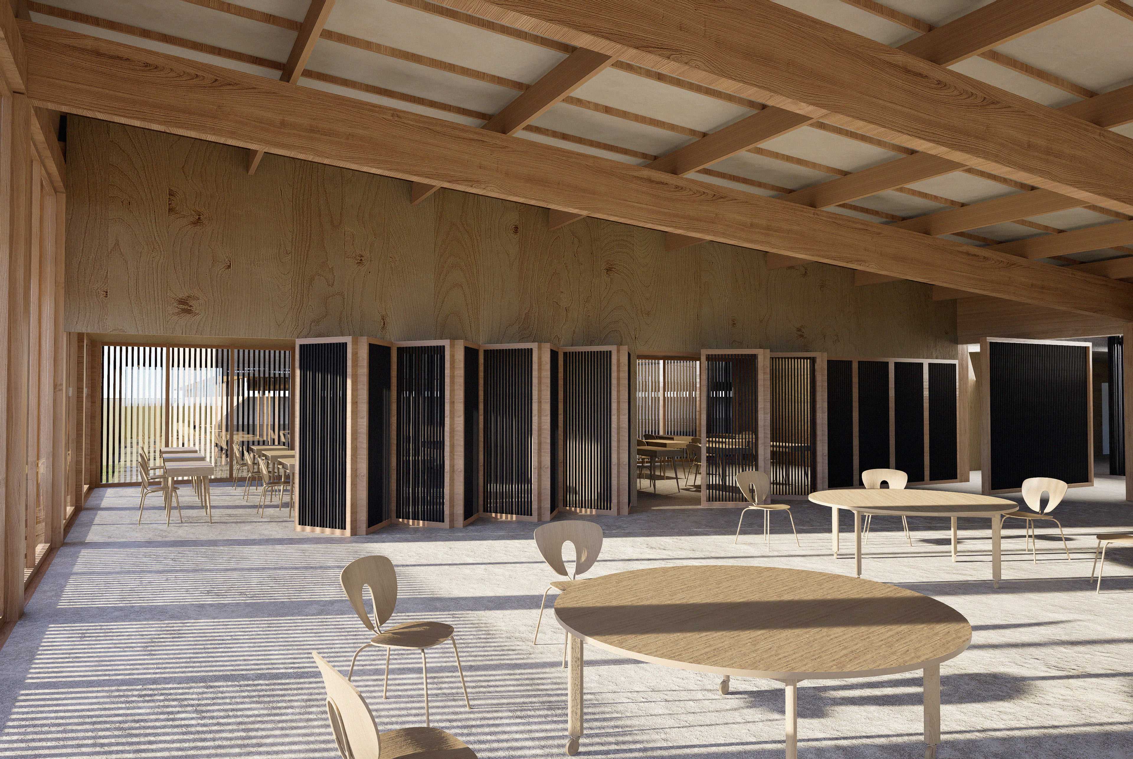 Dappled light moves through timber screens, casting shifting patterns across warm plywood walls. The open classrooms fold and unfold, shaped by sunlight, structure, and the generosity of permeable space.