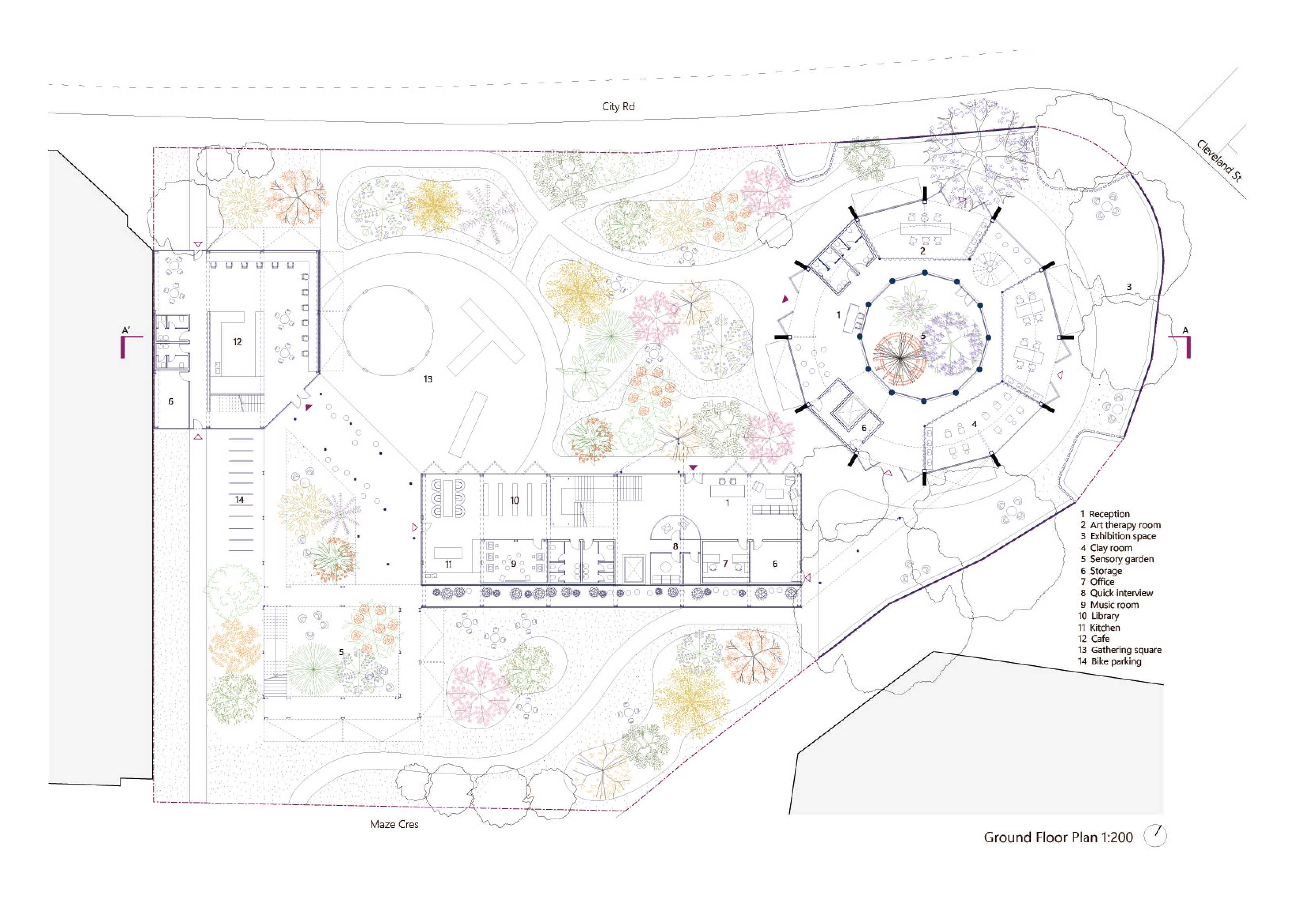 Ground floor plan @1:200: connects three wings with garden thresholds, a welcoming café, an un-institutional Headspace building and a rotunda art therapy hub that integrates nature, care and community engagement.