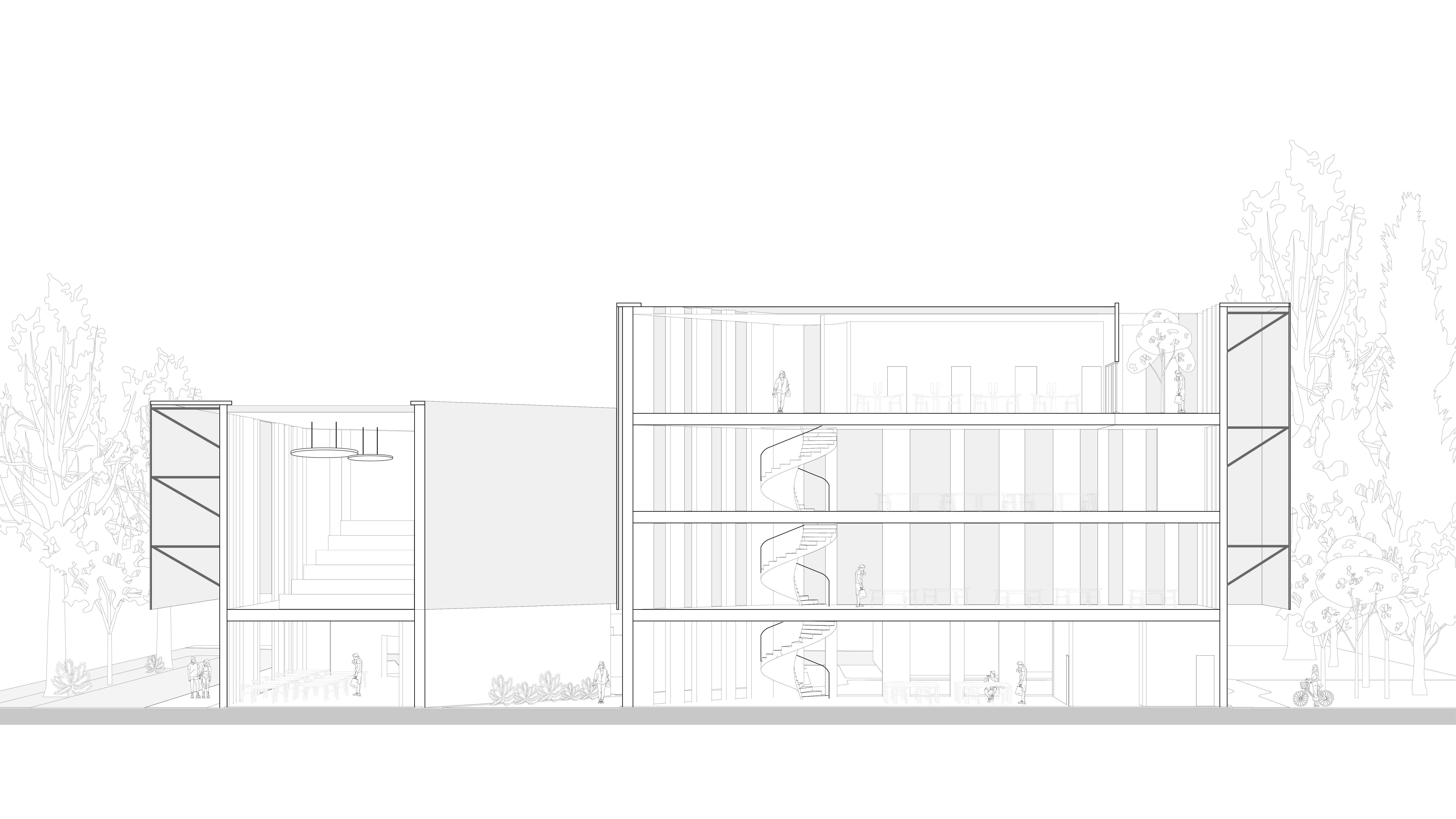 Interior spaces of the building are arranged in terms of privacy. Two building volumes separate quiet study and support spaces from public exhibition and auditorium areas.