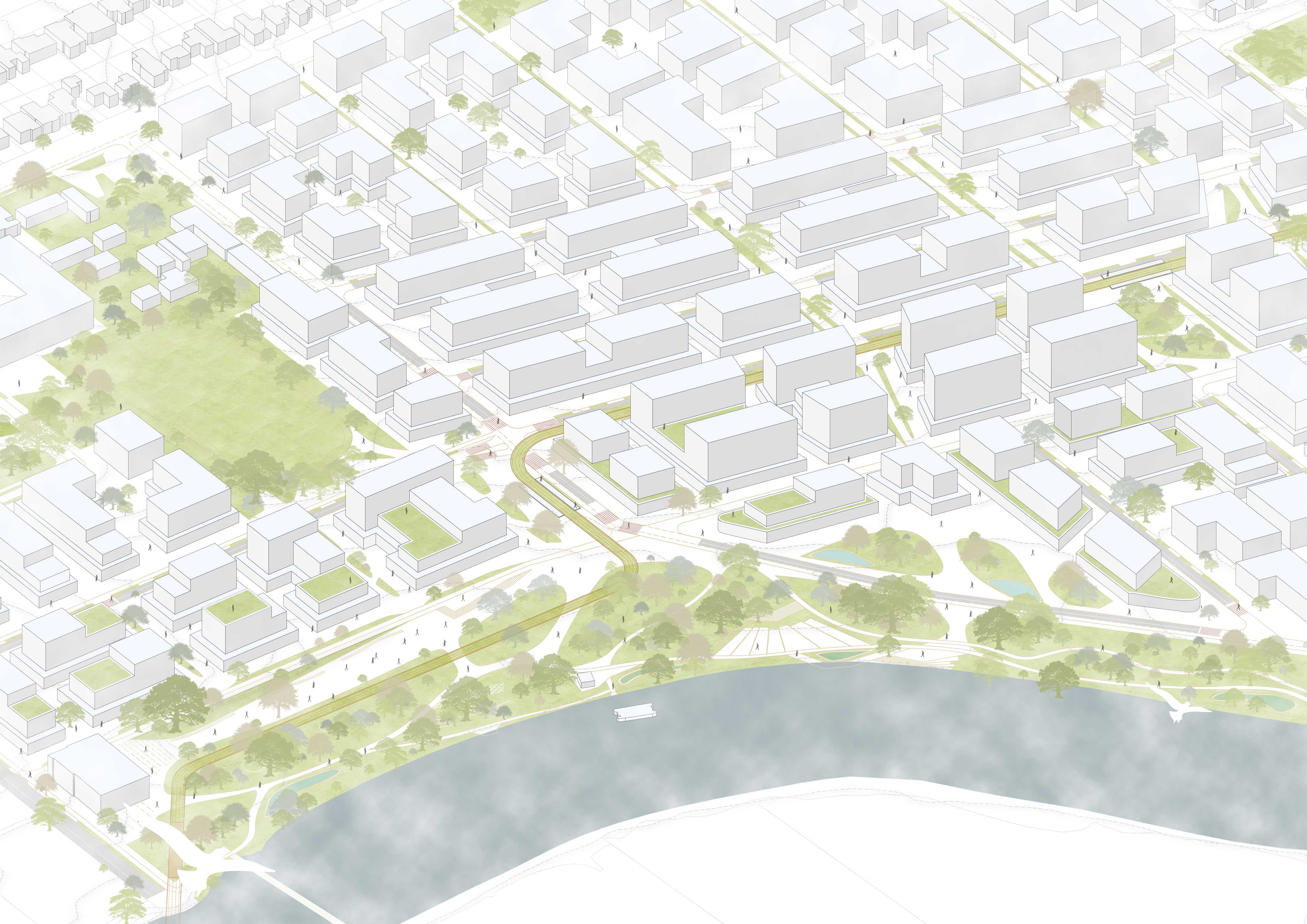Bird’s-eye perspective illustrating the structure of the proposed precinct, showing how built form, green networks and public spaces come together to create a connected and landscape-led environment towards the river.