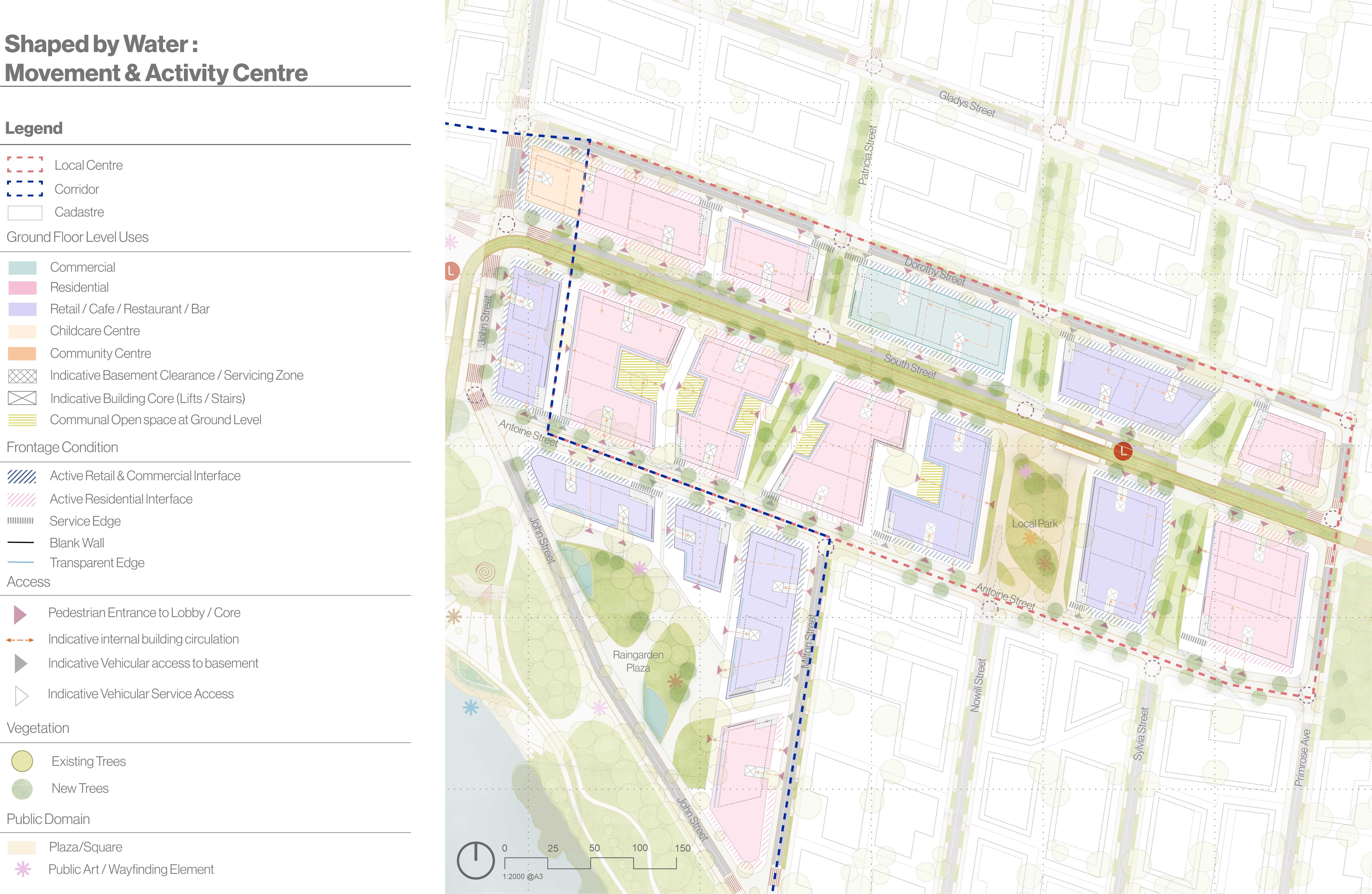 A transit-oriented Local Centre emerges as the precinct’s focus, defined by active frontages, mixed ground-floor uses, high pedestrian movement, and well-connected circulation and open-space networks along the light rail corridor.