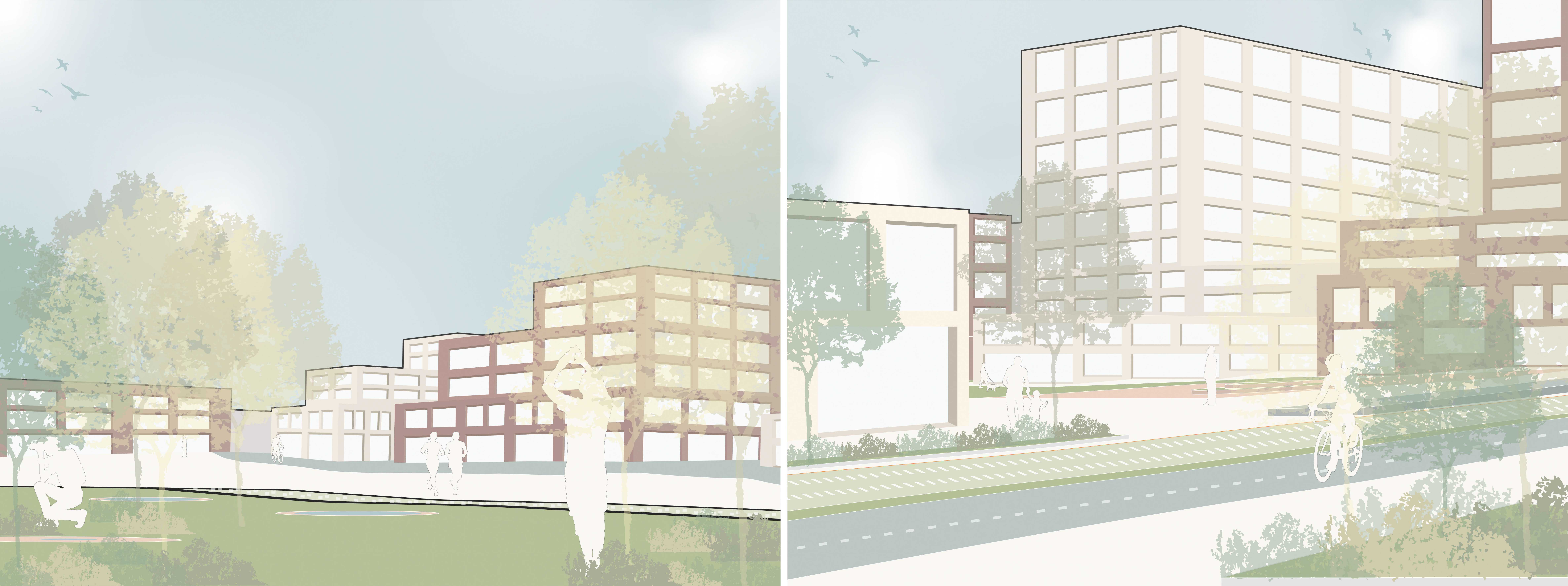 View along South Street reveals mixed-use edges, new park and light rail; across the Country-informed reserve, pedestrian movement links Antoine Street with parklands, transit access and an activated local centre.