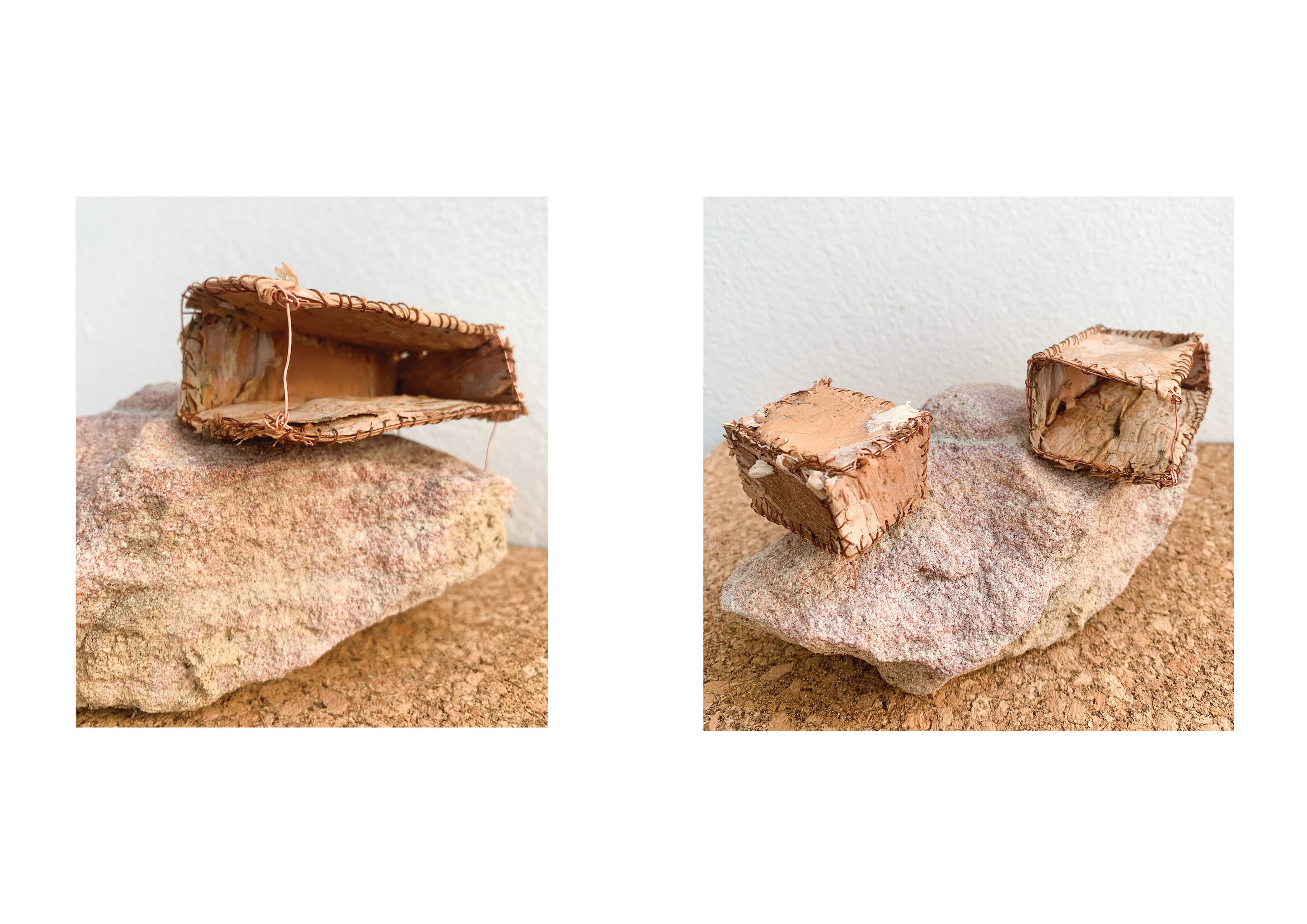 Concept model. Made from paperbark and sandstone (found at the site), thread and copper wire. 