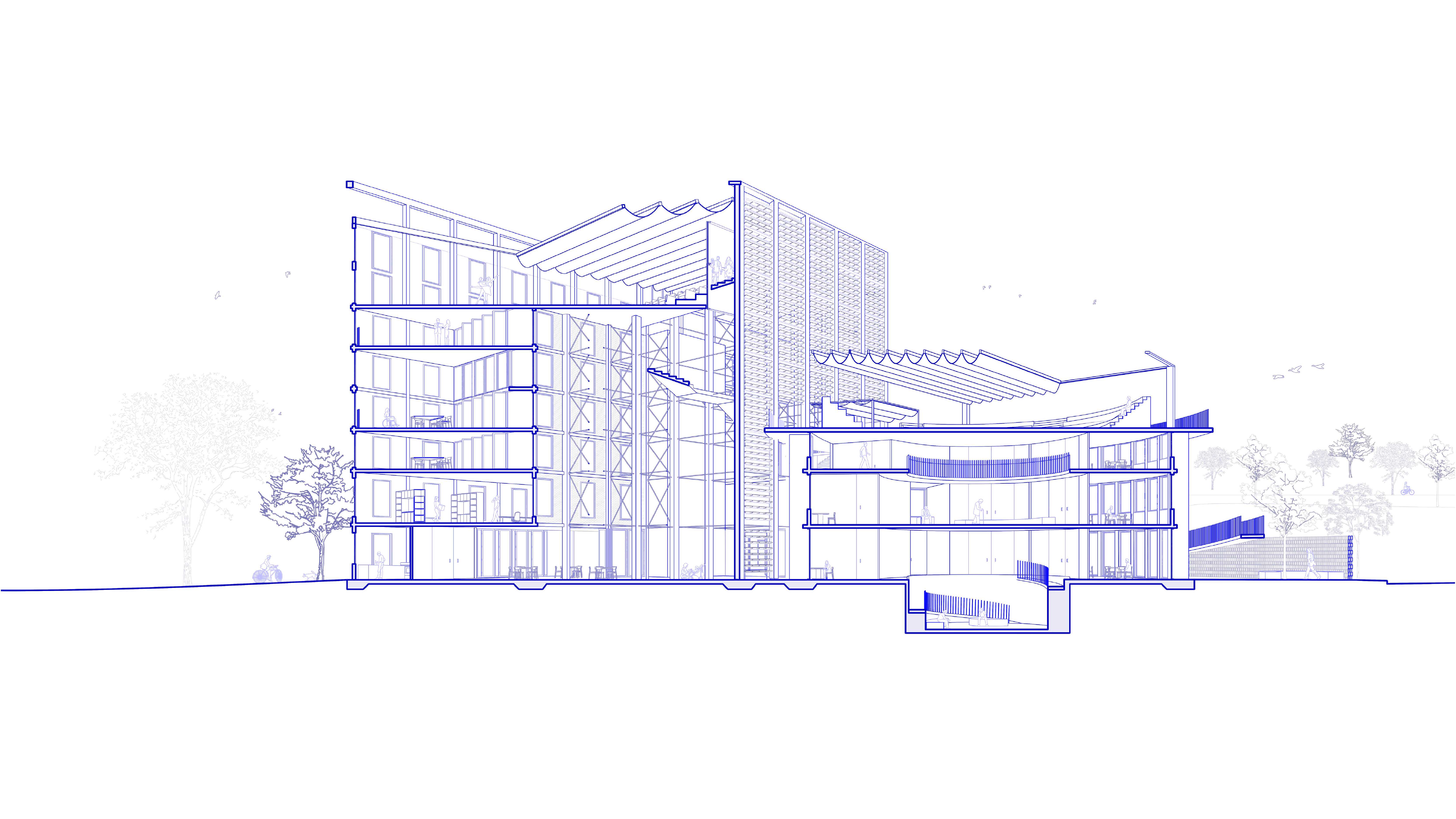 Operable shade runners above the outdoor ampitheatre and indoor performance space enable multifunctionality of planning, and facilitates a connection to Sky Country.