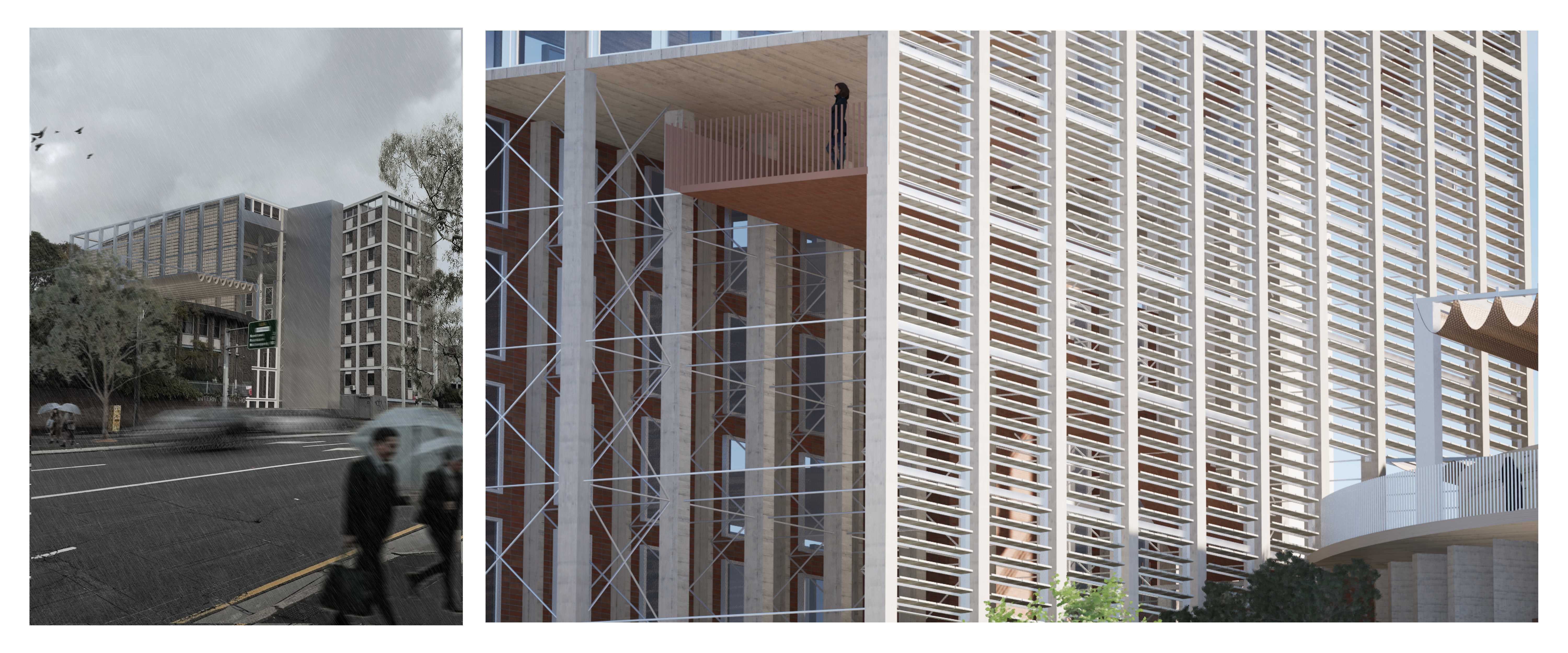 The building “breathes” as rain and wind weigh the oyster shell tiles of the louvred façade. Its kinetic nature visually represents nature, as Country shapes the built form. 