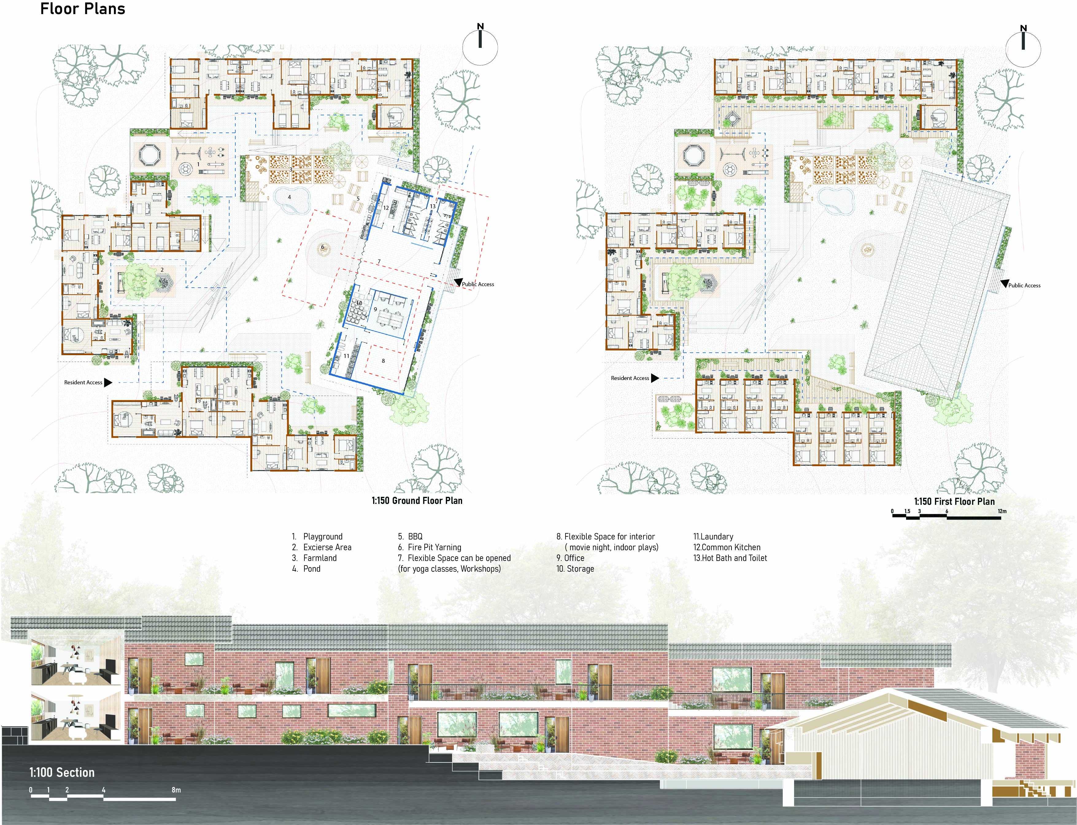 A community-centred layout integrating common space, flexible rooms, gardens, and outdoor activity areas. The ground and first floor plans prioritise accessibility, social interaction, and everyday wellbeing through connected, nature-oriented common spaces.