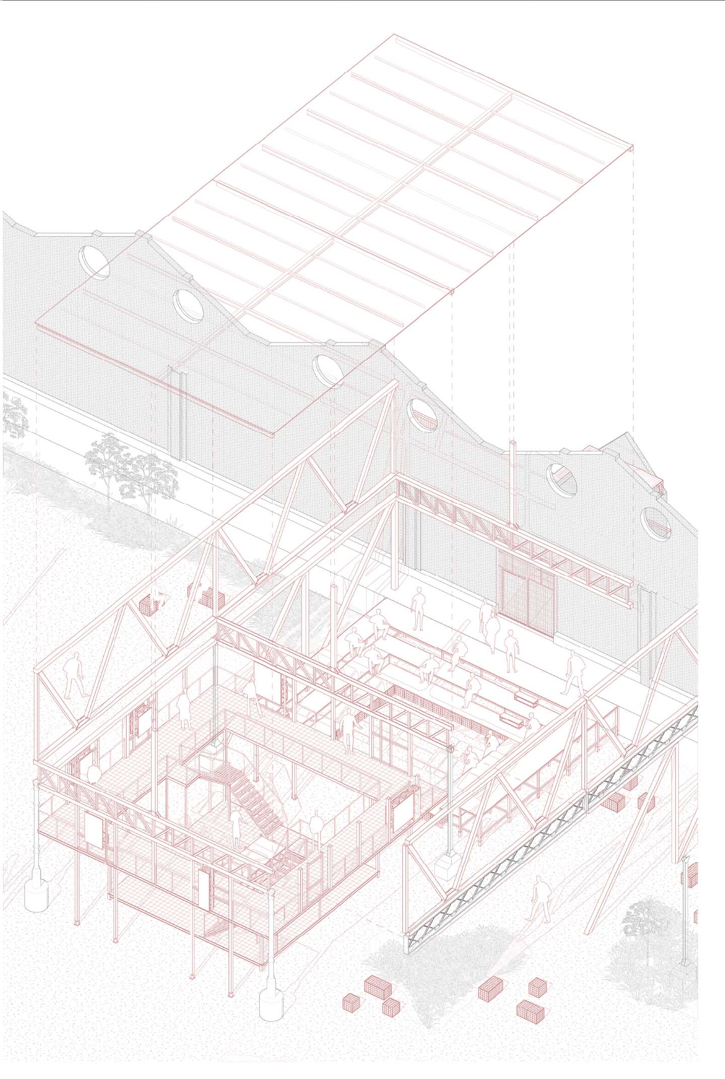The heart of the depot, the civic crate rises, a scaffold for expression and encounter. The public forum gathers around it, terraces of observation and exchange unfolding toward the centre.