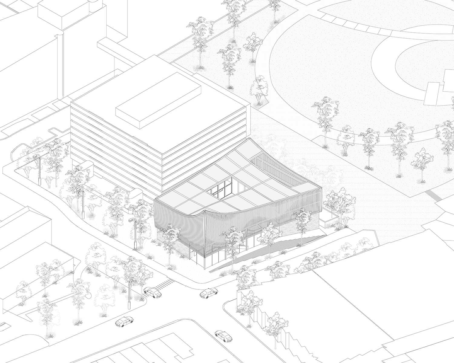 The Centre integrates with the public domain, using a grand entry staircase as a social threshold. Native landscaping softens the edges, creating a seamless transition between architecture and natural surroundings.