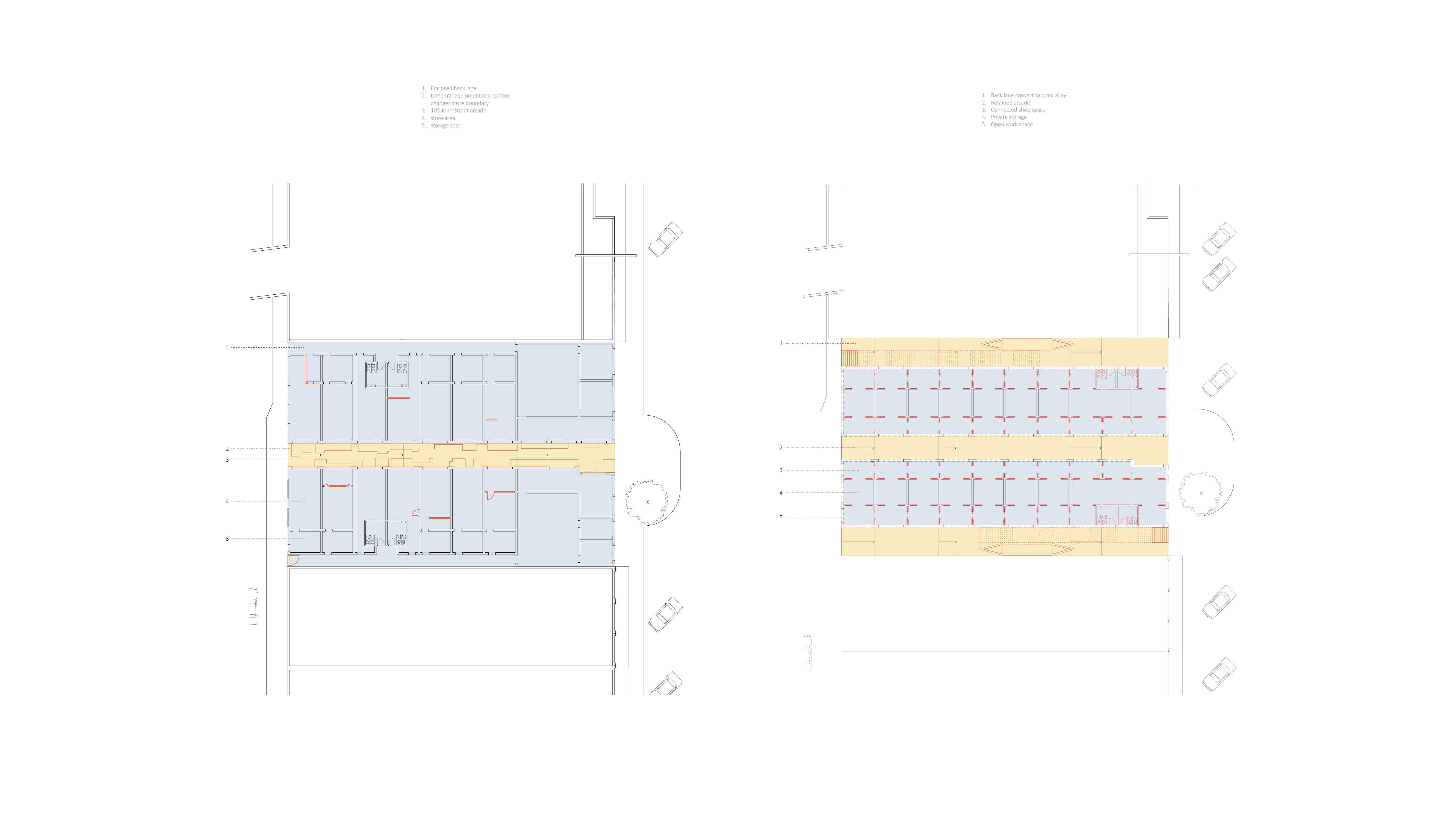 Ground floor plan, initial and proposed