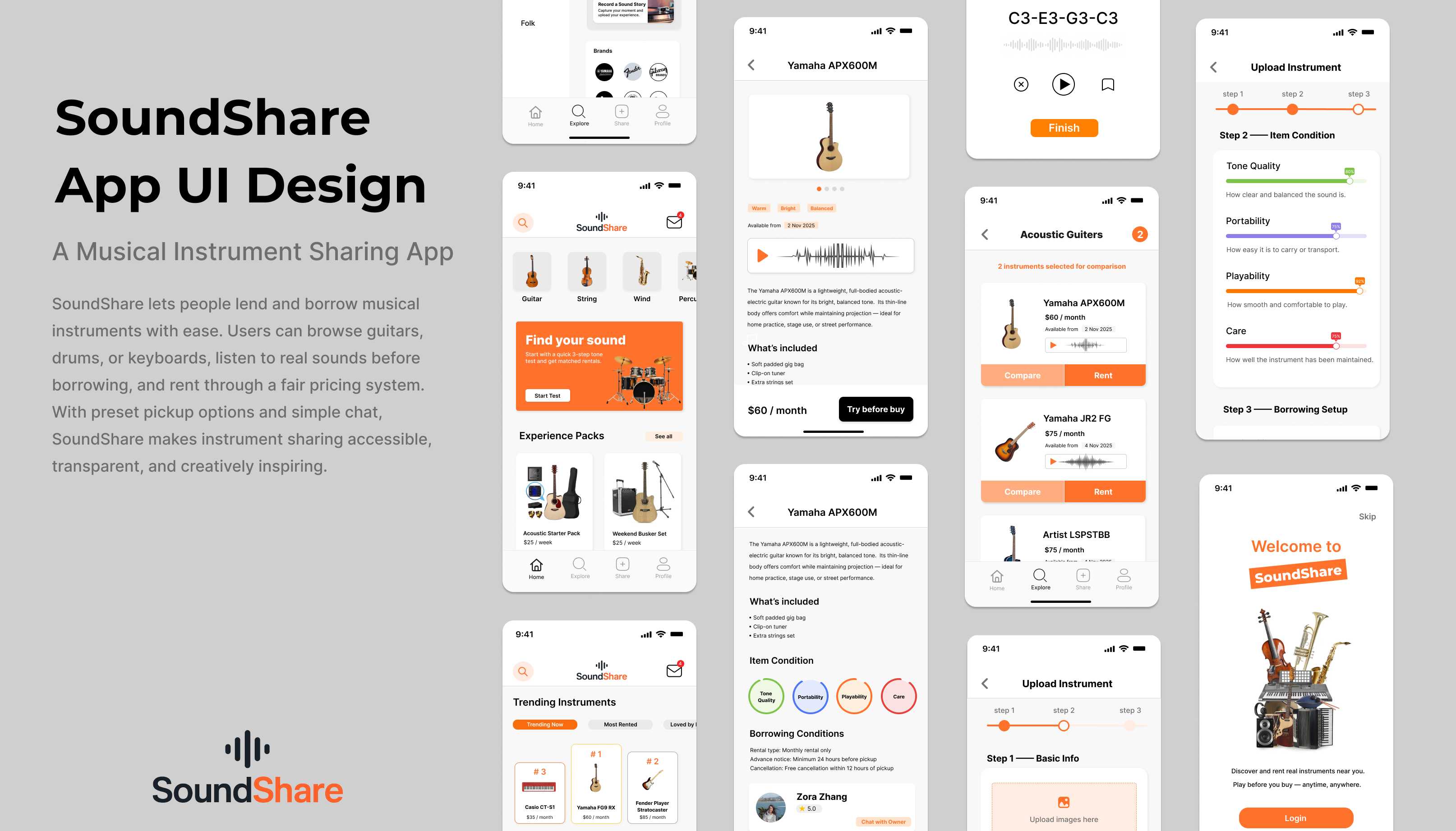 An overview of SoundShare’s app UI for browsing, listening, and borrowing musical instruments with confidence.