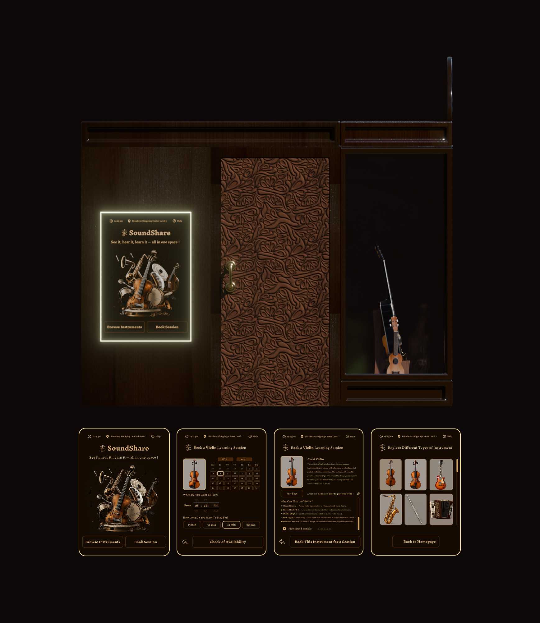 A SoundShare booth concept featuring an integrated digital page that lets users browse instruments and book sessions directly inside the space.