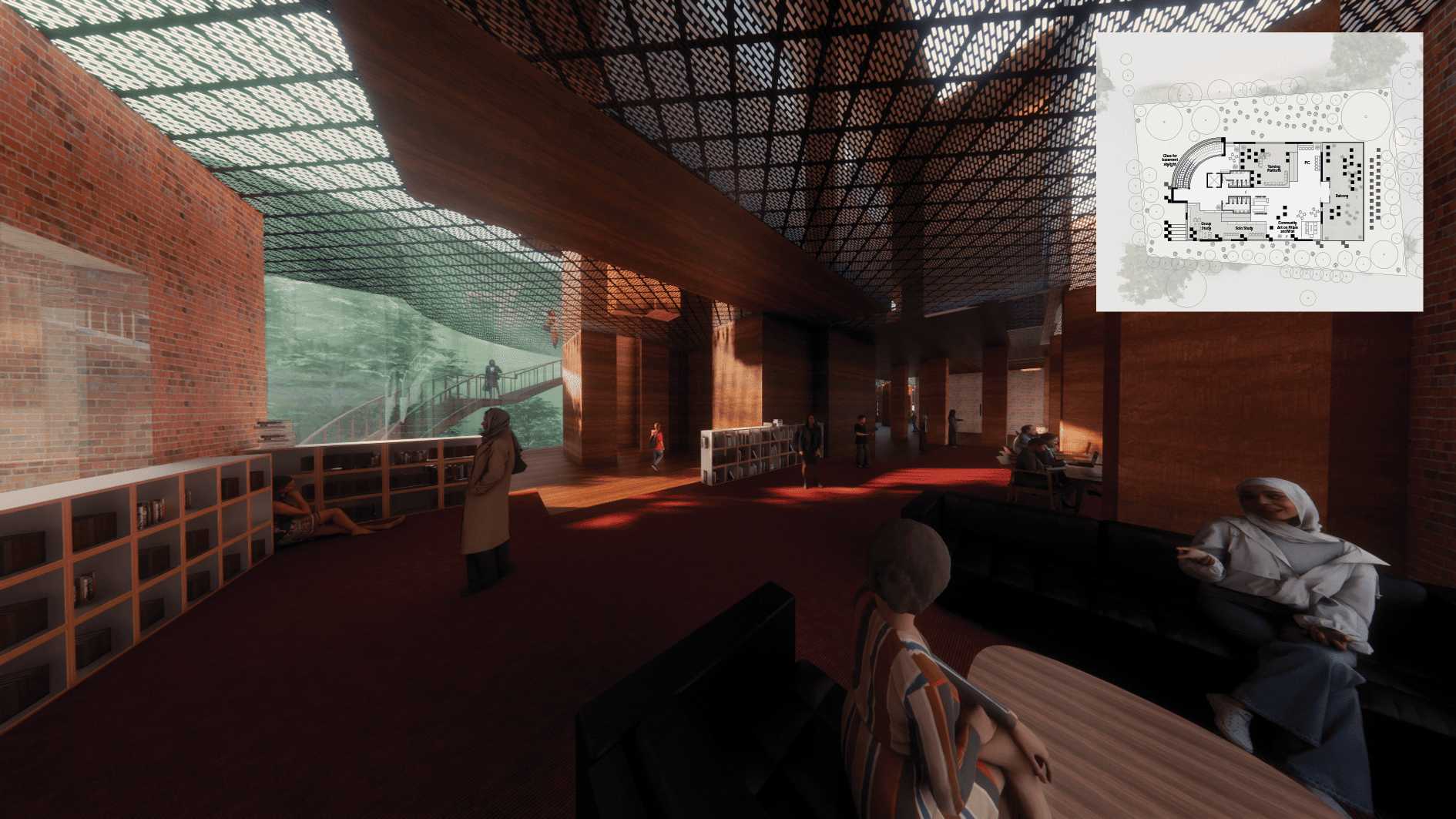 One Library
[Outlook] [Tree Hollow]
 
The theme is the outlook from tree hollows on this formerly-ironbark-forest land. Platforms divide space while imitating the form of tree hollows, blurring borders.