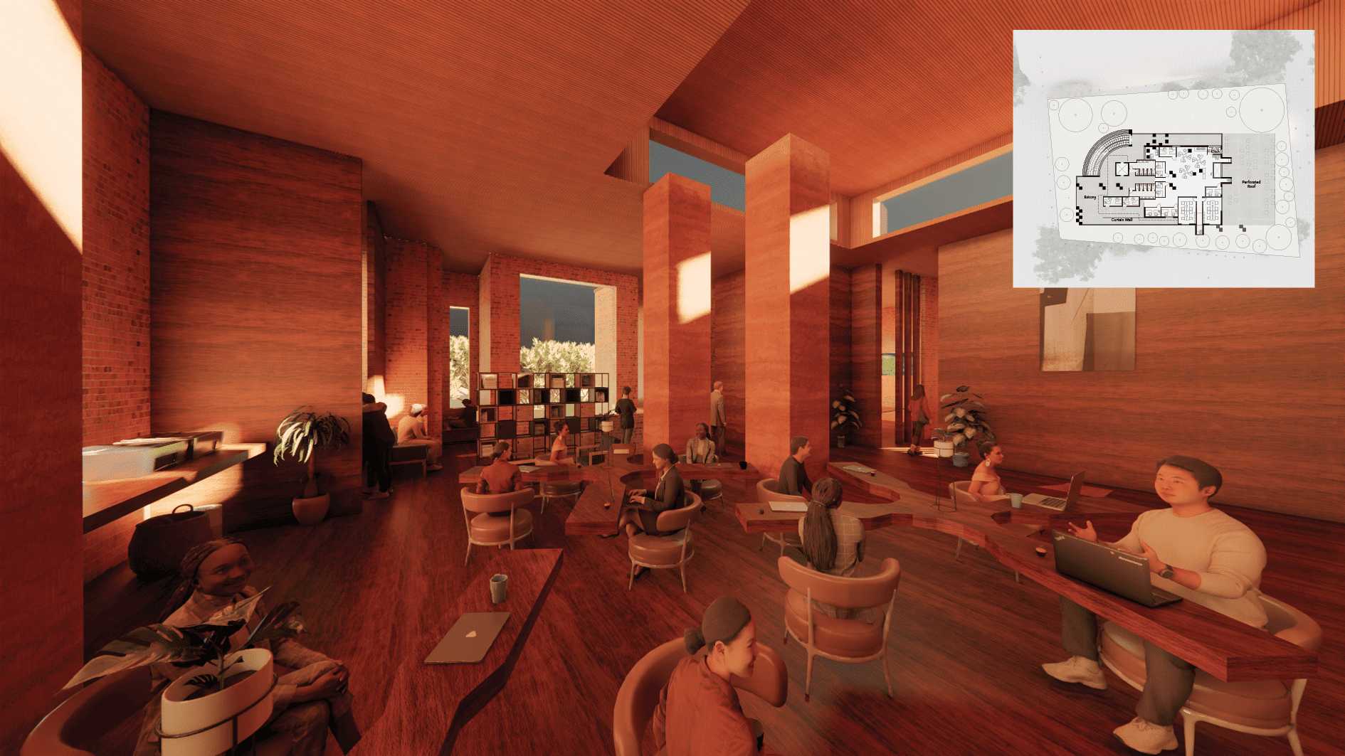 Two Office
[Outlook] [Tree Hollow]

Inspired by the vantage point of tree hollows, three nooks reach out of the facade. A hole in the floor connects occupants to the transitional space below.