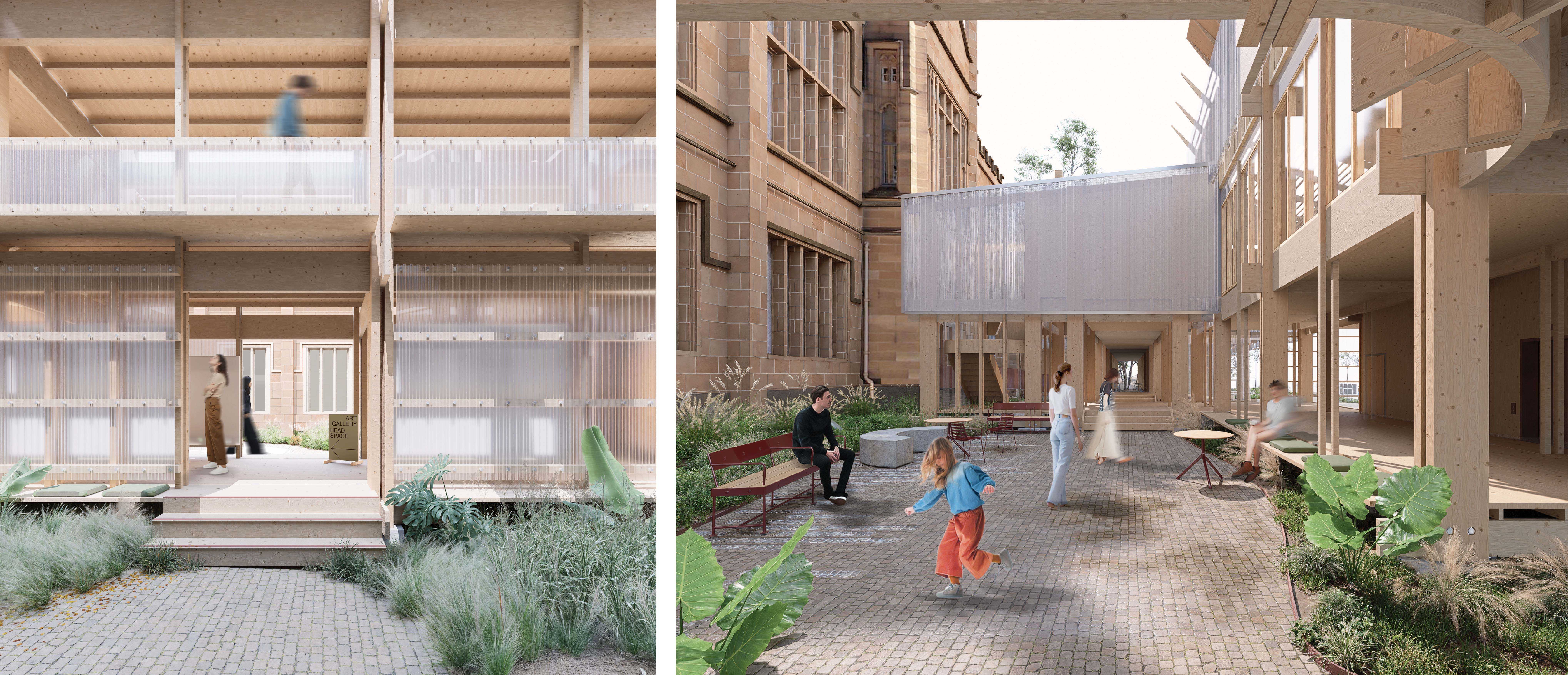 The modules creating opportunities for users to present and exhibit their work to the public, creating a sense of ownsership. Courtyards create a collective experience of users inhabiting a space that becomes the threshold between public and private as they enter the mental health spaces above.