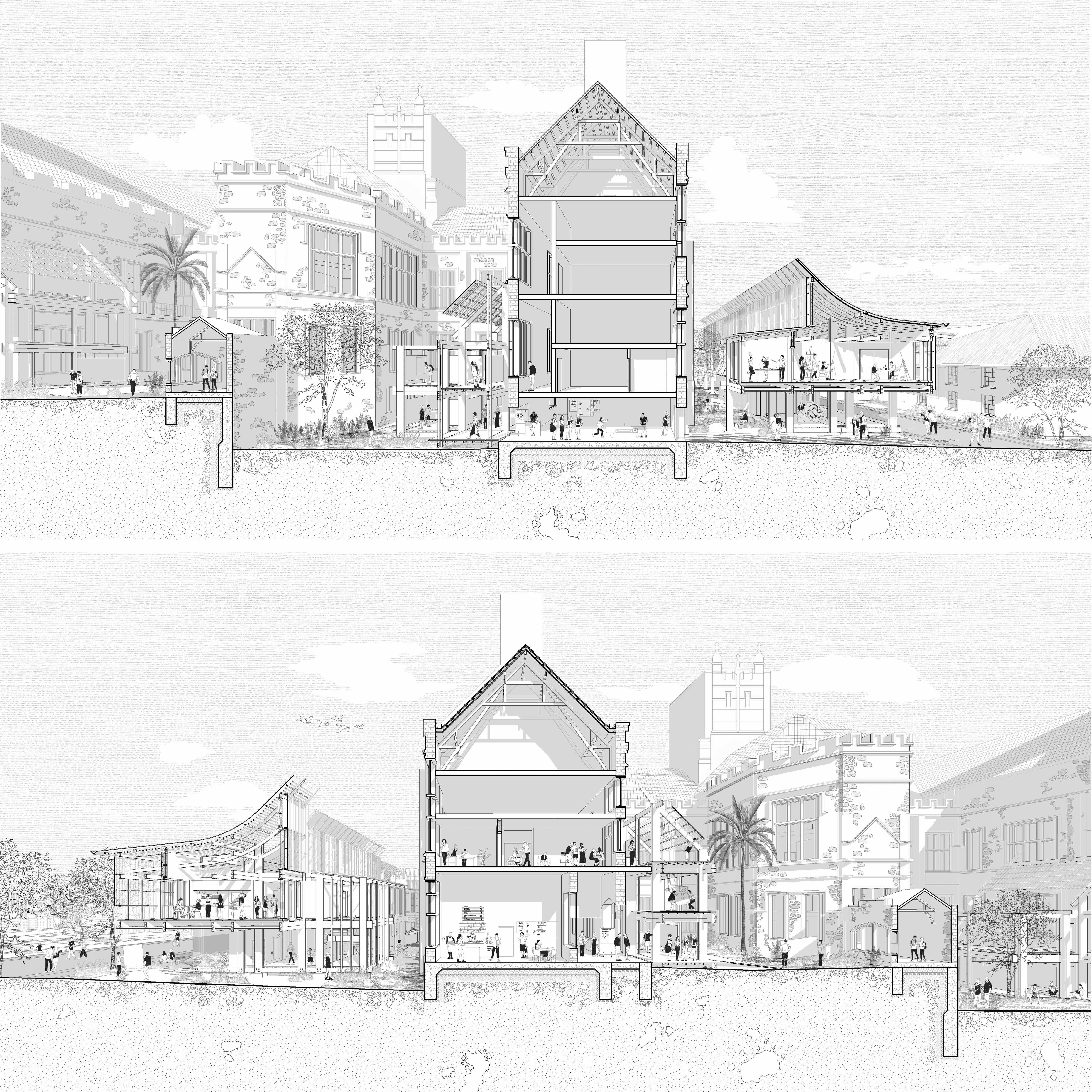 The sectional perspectives illustrate moments of interaction within the programs as users, predominantly younger people, and the public within Campderdown go about their everyday activities. As well as illustrating the shared interactions of the public gallery, cafe, and interstitial spaces, juxtaposed against the adjacent more intimate and quiet mental health areas above.