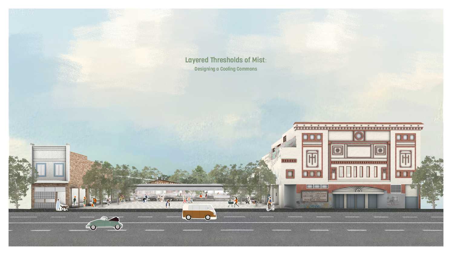 The elevation shows the layered threshold that softens the street edge, merging shade, trees, and public life into a cooling commons where people pause, gather, and experience gentle atmospheric relief.